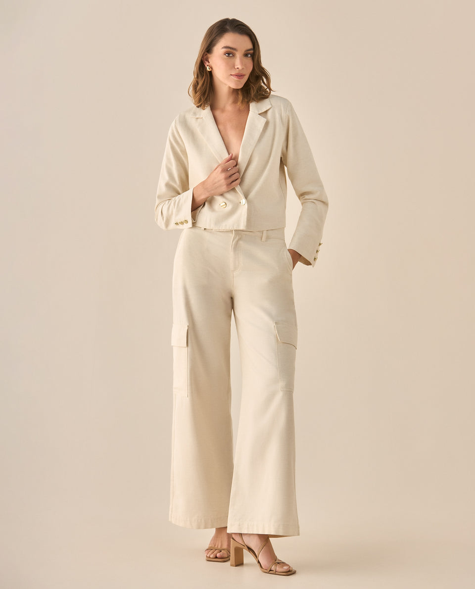 Chaqueta de largo pretinero con cuello de solapa y hombreras para mujer - Crudo 34_423G006_CRU110105_7
