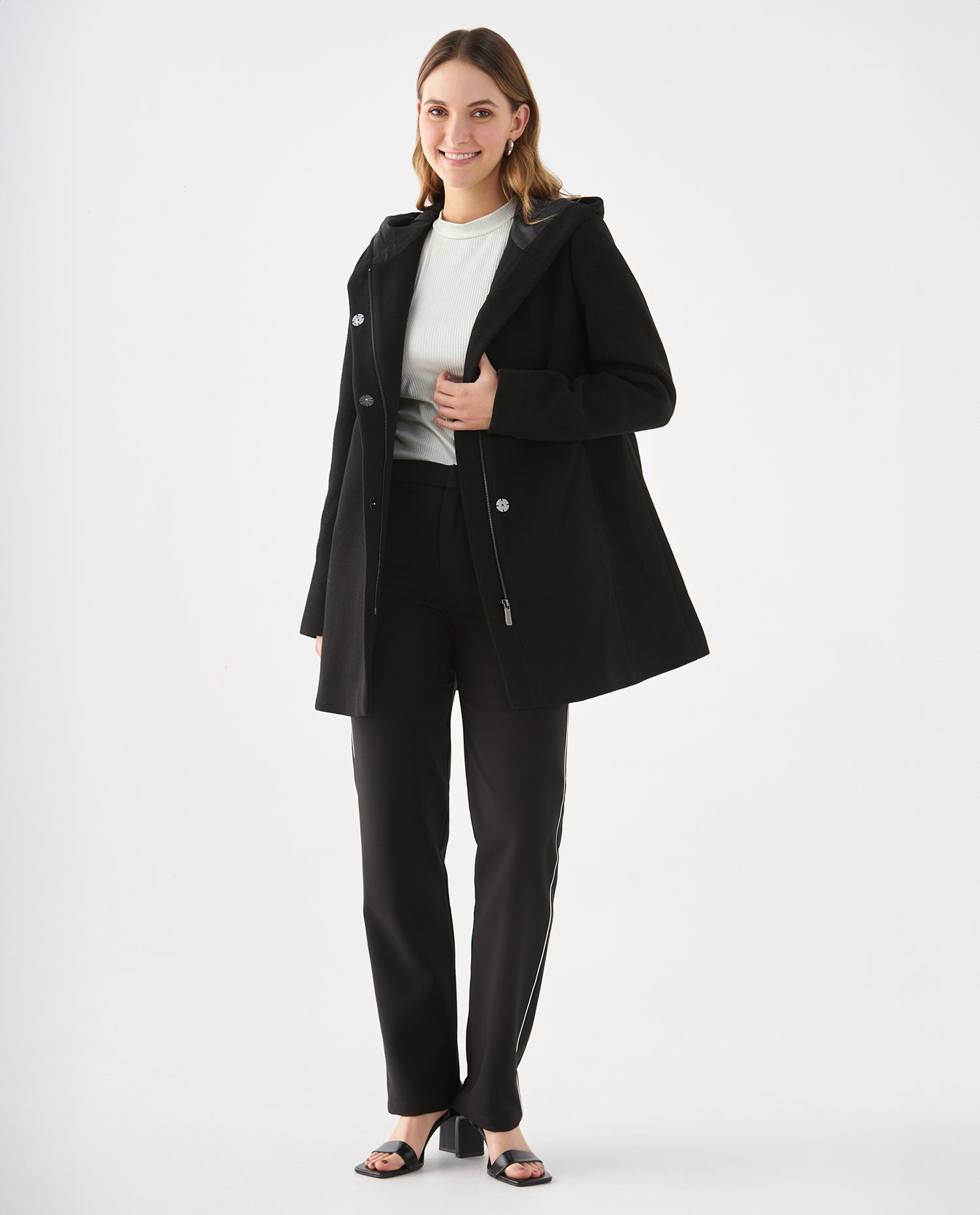 Chaqueta tipo abrigo con capucha para mujer - Negro
