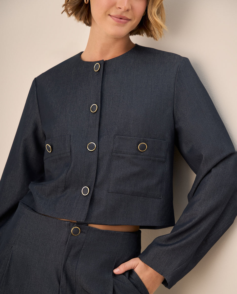 Chaqueta Cropped con Detalles Dorados - Azul 34_429G218_AZU184432_3