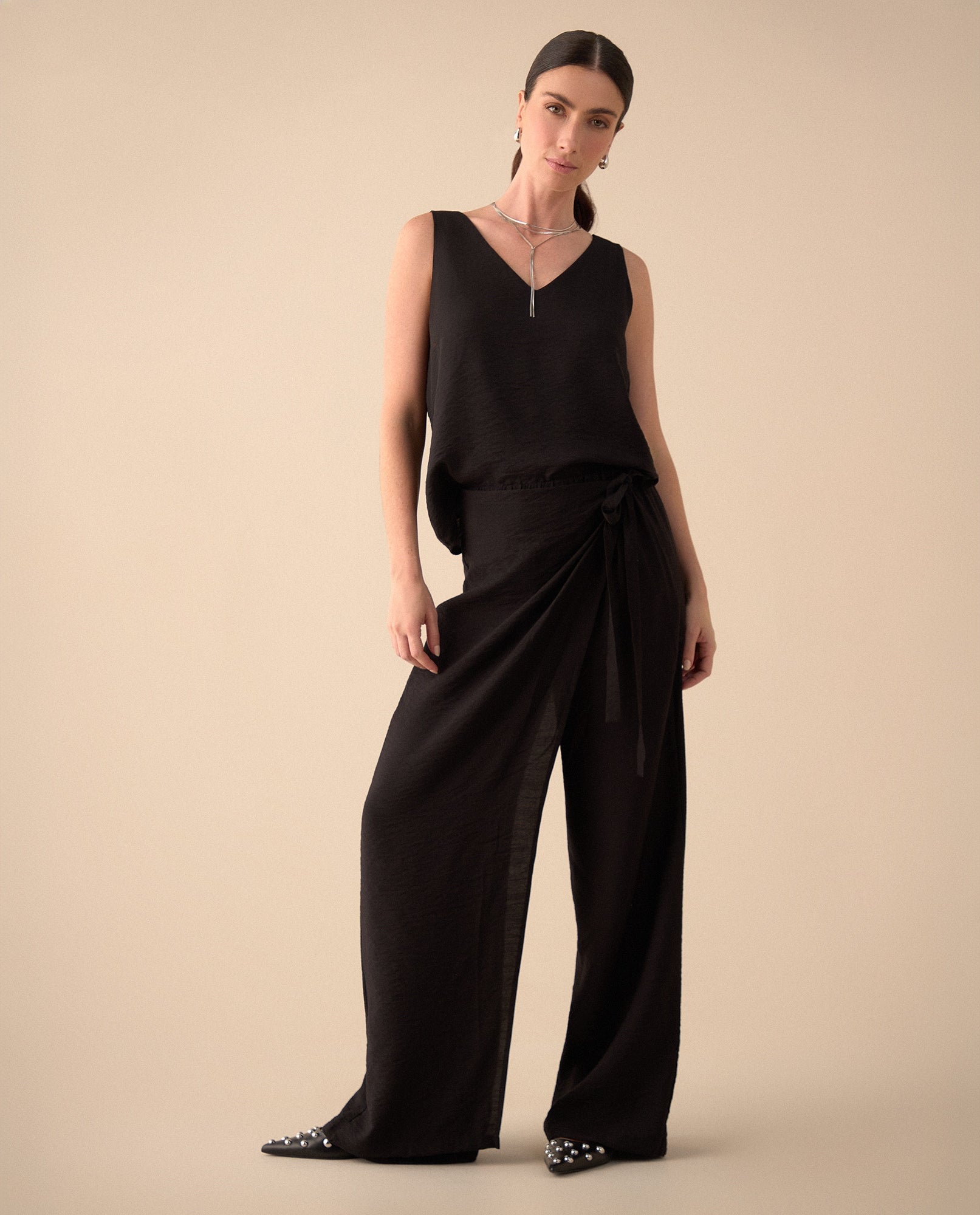 Pantalón de ajuste cruzado en pretina para mujer - Negro 34_431G011_NEG190303_0
