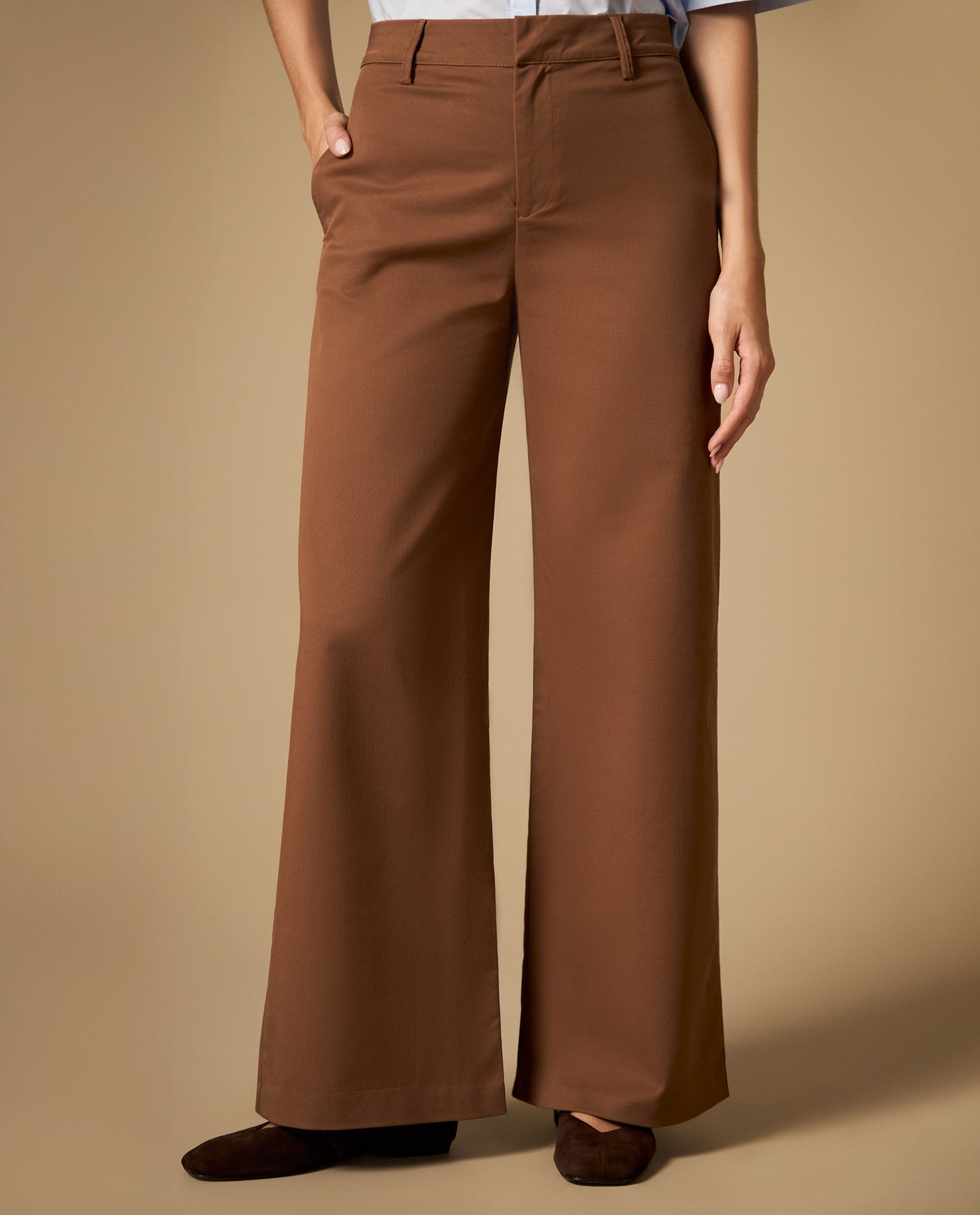Pantalón palazzo pierna amplia tiro medio - Café