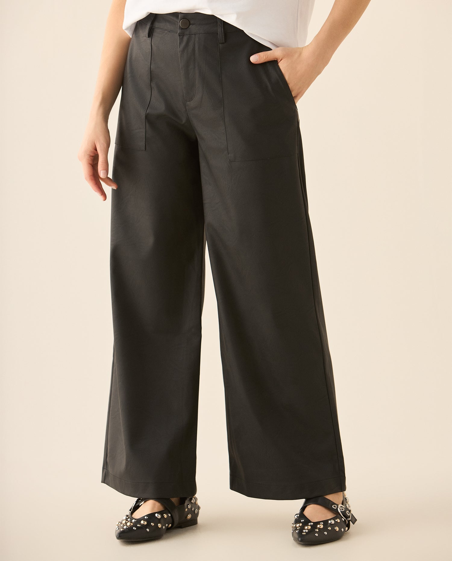 Pantalón bota recta tipo cuero para mujer - Negro