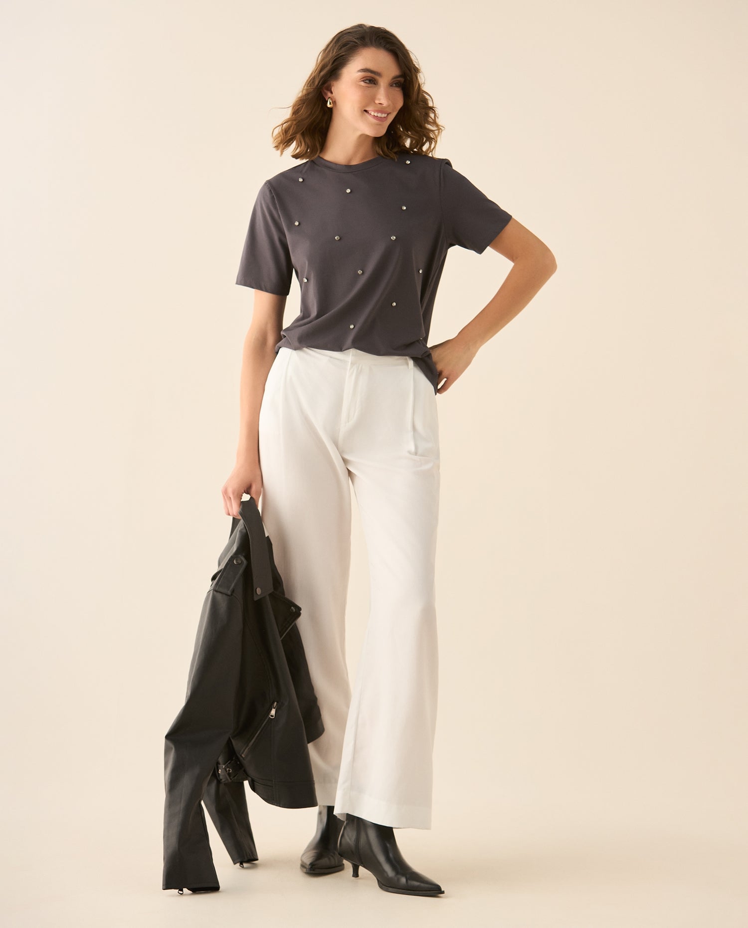 Pantalón bota recta con bolsillos de ribete en posterior para mujer - Blanco