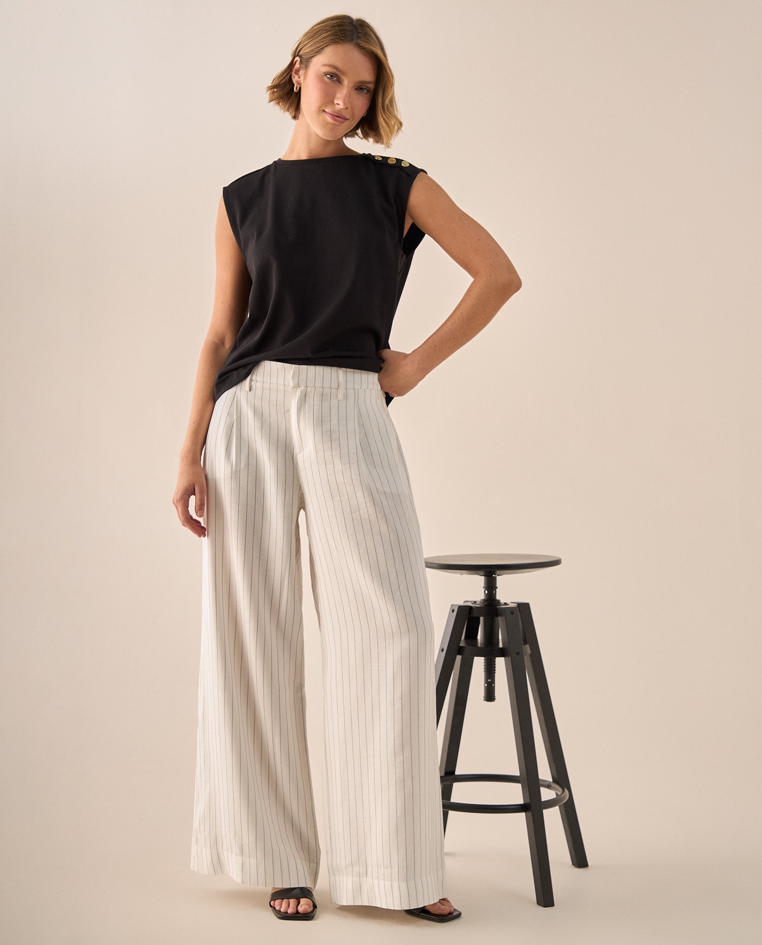 Pantalón Wide Leg con Rayas Verticales - Blanco