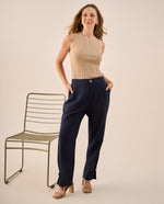 Pantalón Wide Leg Azul con Pliegues Frontales - Azul