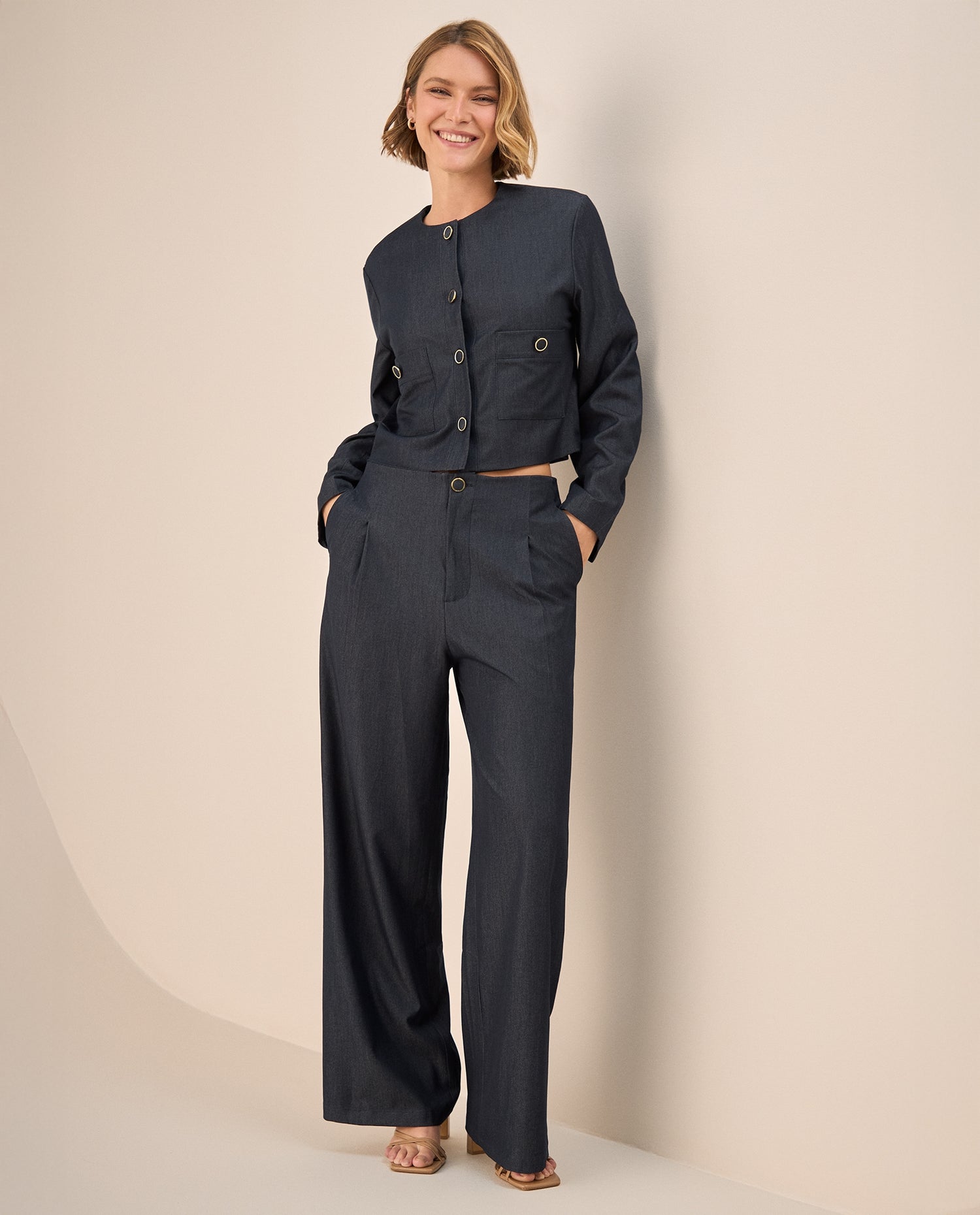 Pantalón Tiro Alto Azul Turco con Silueta Wide - Azul