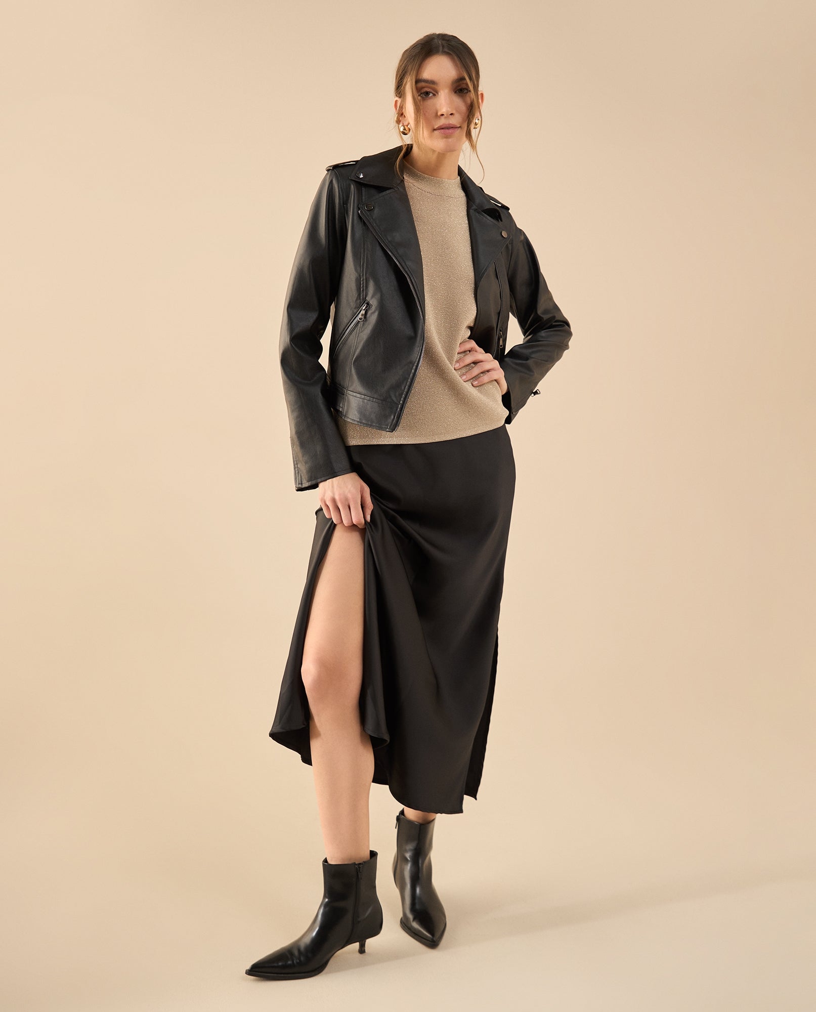 Falda larga en satín para mujer - Negro 34_442G101_NEG190303_0