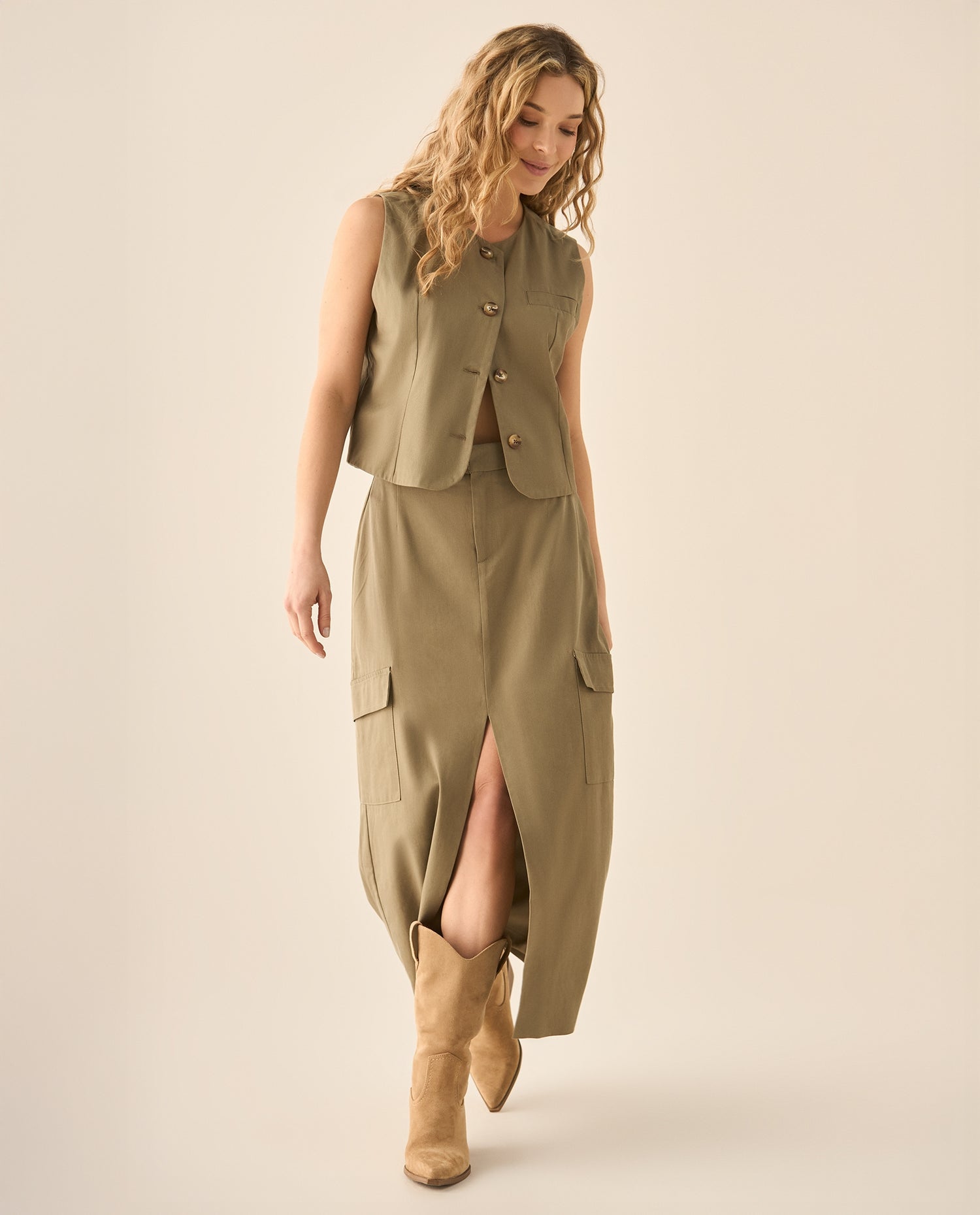 Falda larga con bolsillos tipo cargo para mujer  - Verde