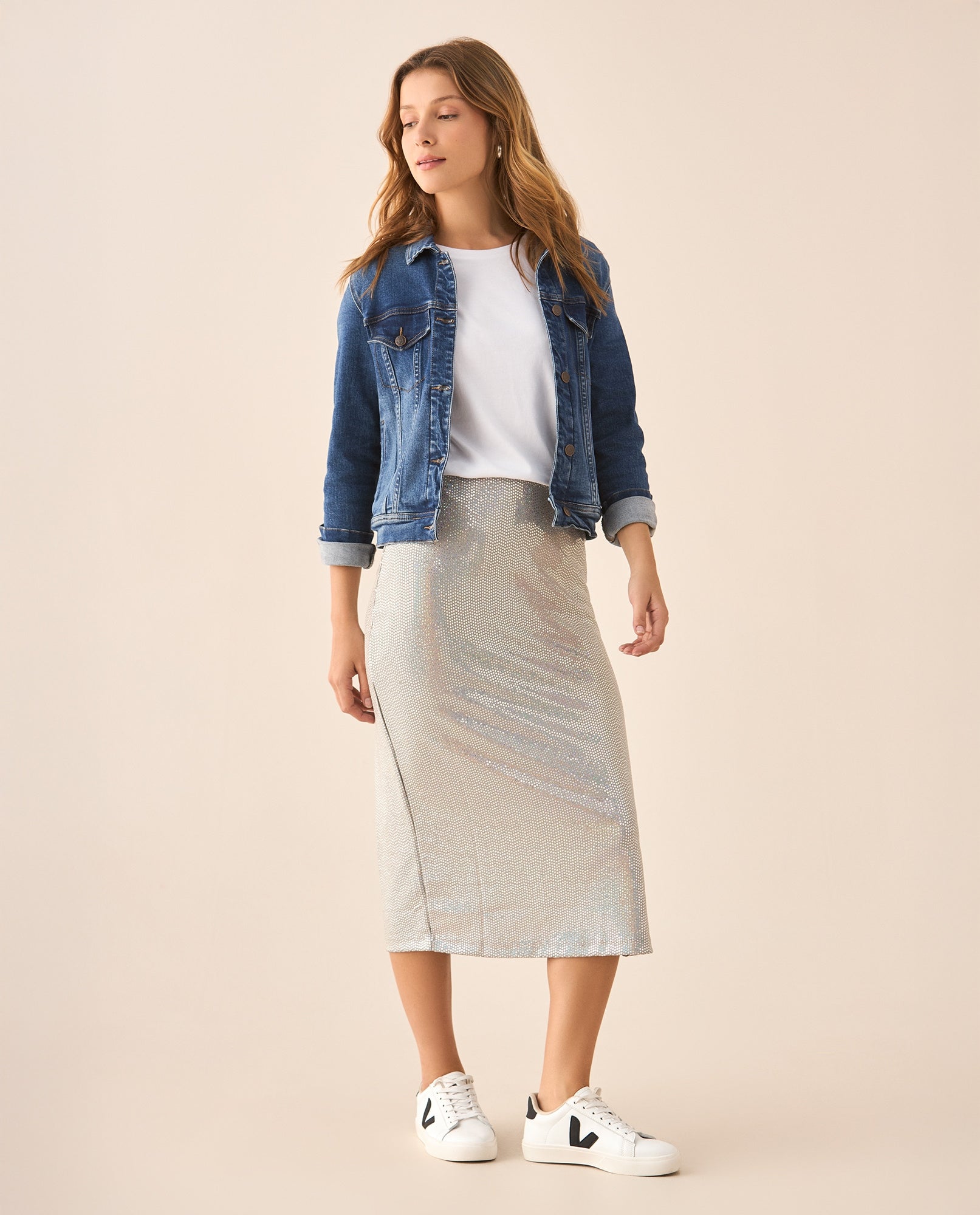 Falda midi con apliques brillantes para mujer - Gris 34_449F000_GRI144202_0