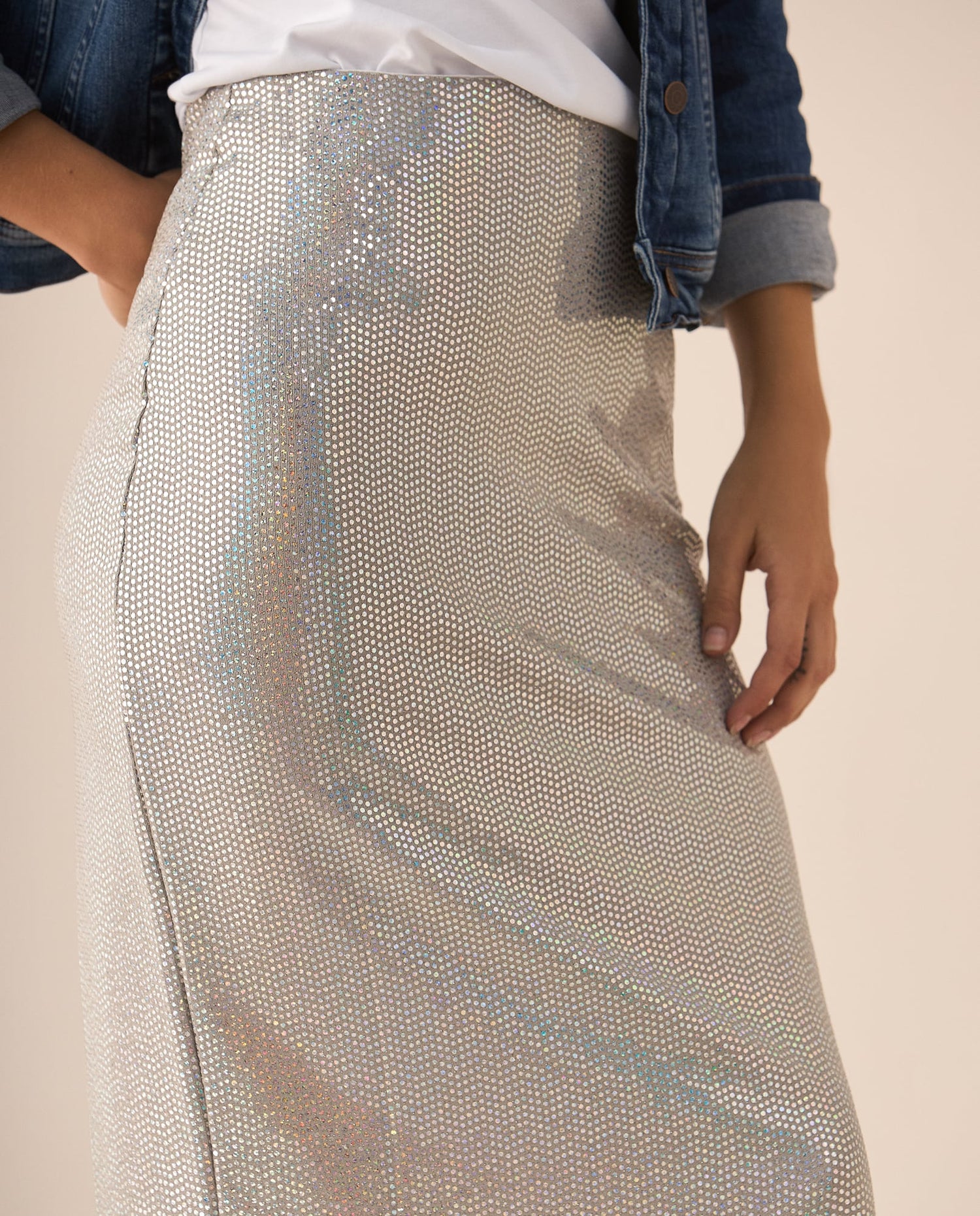 Falda midi con apliques brillantes para mujer - Gris