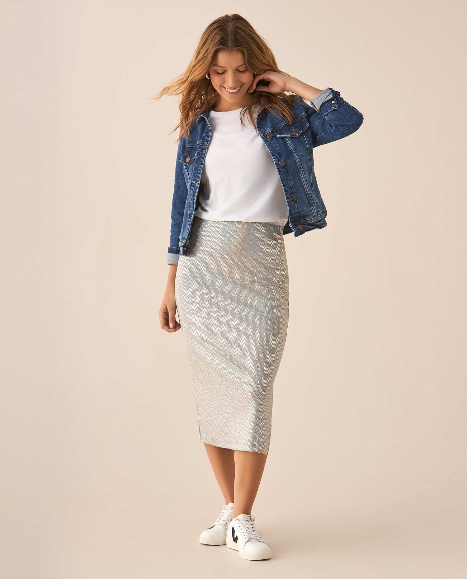 Falda midi con apliques brillantes para mujer - Gris