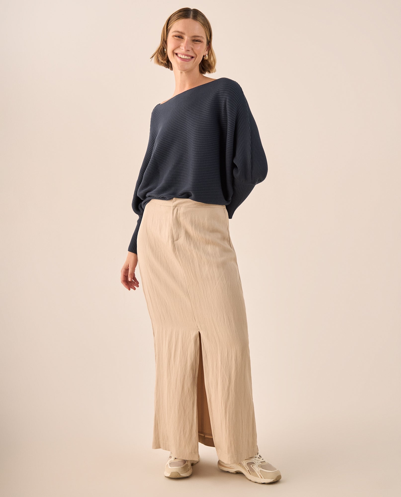 Falda Larga Beige con Abertura Frontal - Beige 34_449G002_BEI151304_0