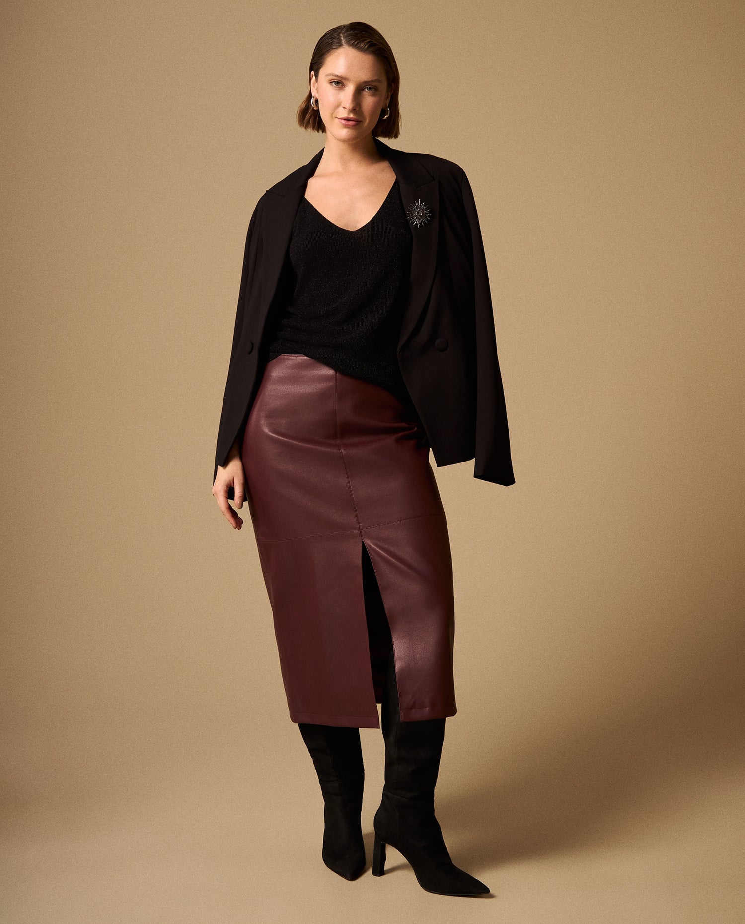 Falda Midi con Abertura Frontal Morado Oscuro - Morado