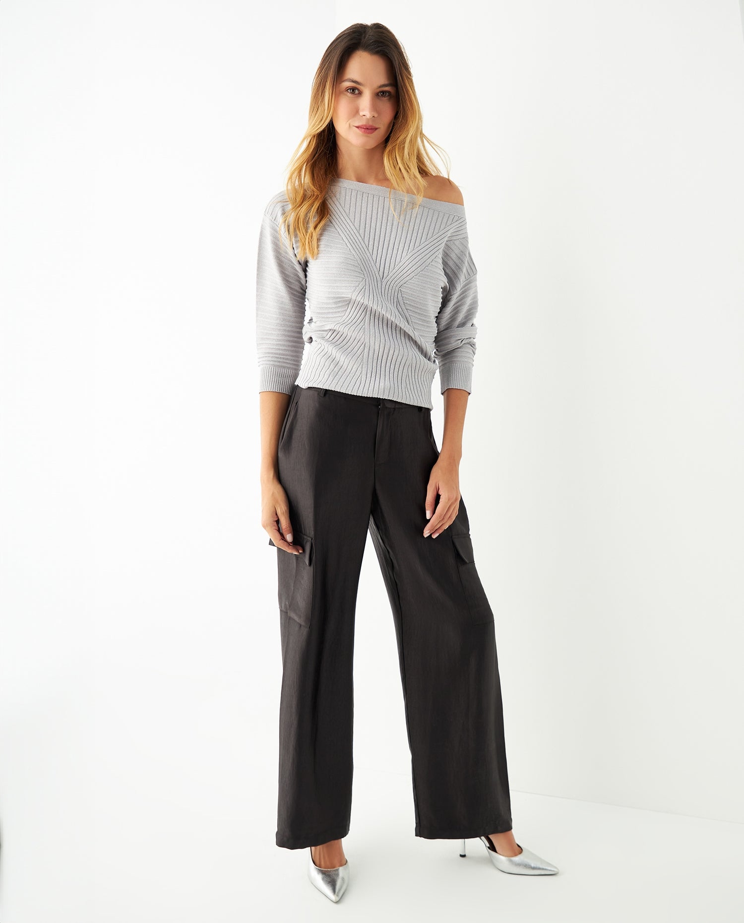 Buzo tejido a rayas para mujer - Gris