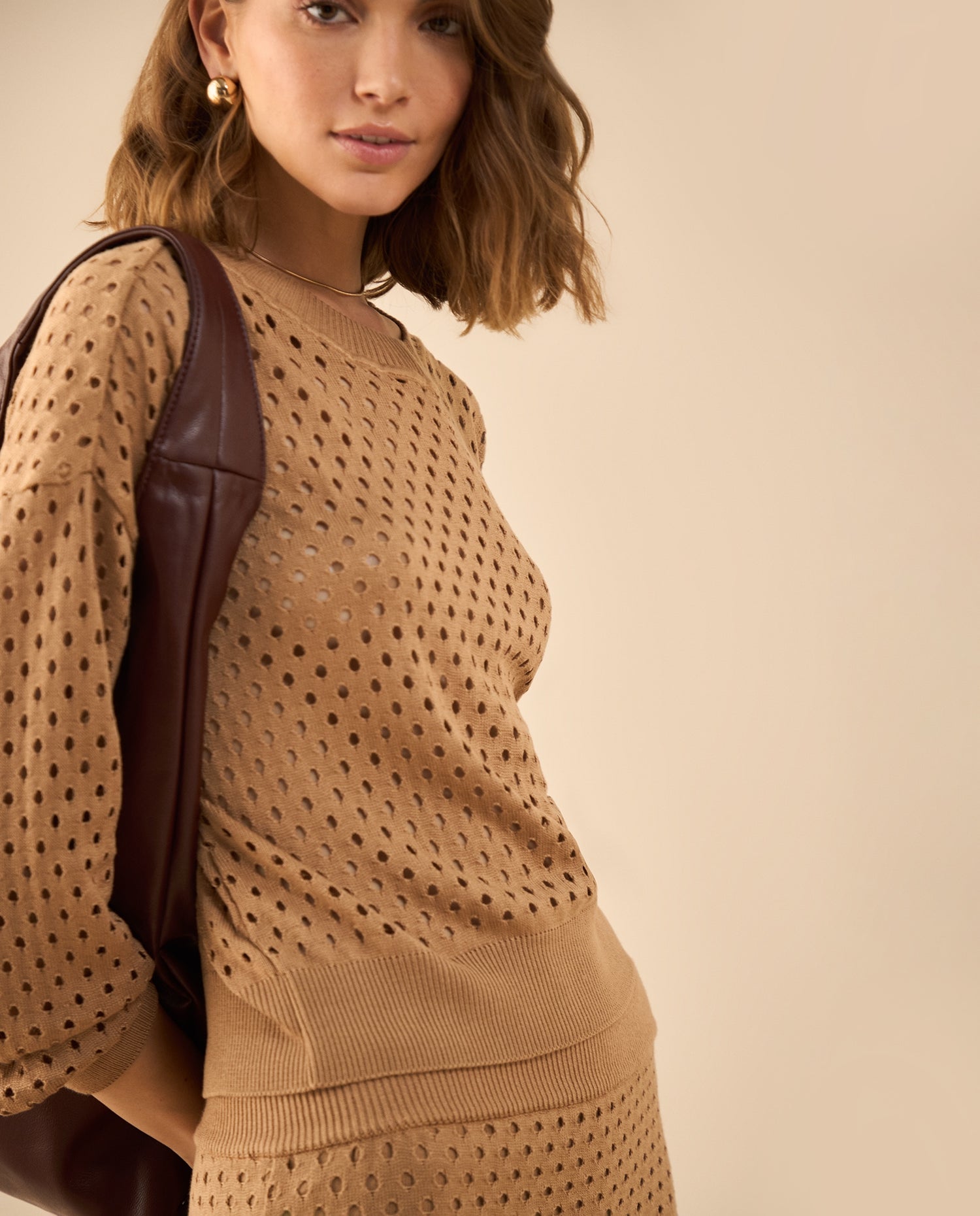 Camisa tejida con detalles desagujados para mujer - Café