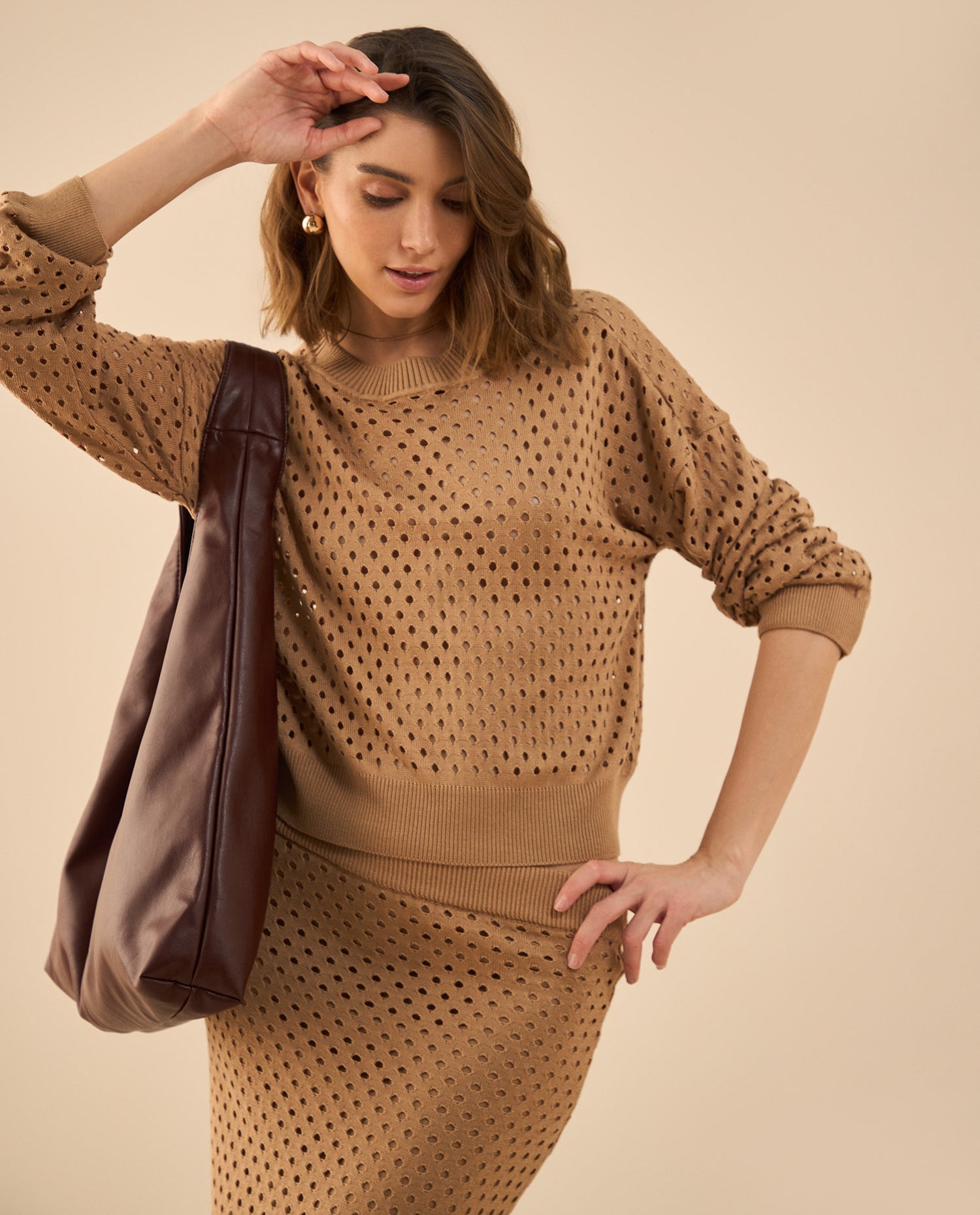 Camisa tejida con detalles desagujados para mujer - Café