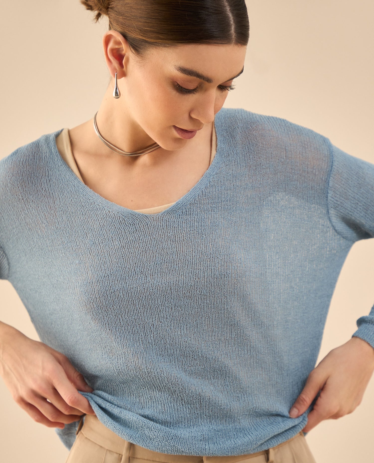 Camisa tejida con escote en V para mujer - Azul