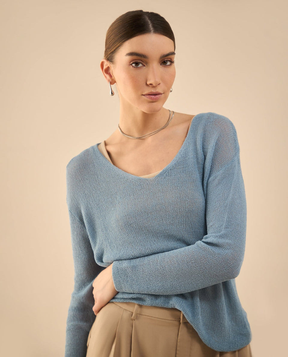 Camisa tejida con escote en V para mujer - Azul 34_462G204_AZU154825_3