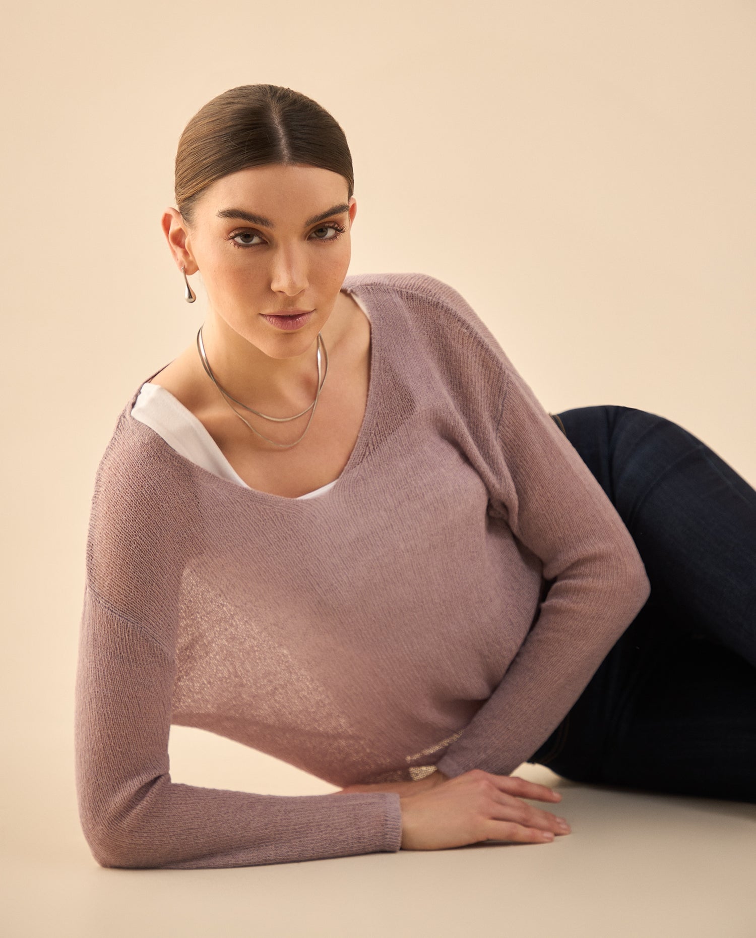Camisa tejida con escote en V para mujer - Morado