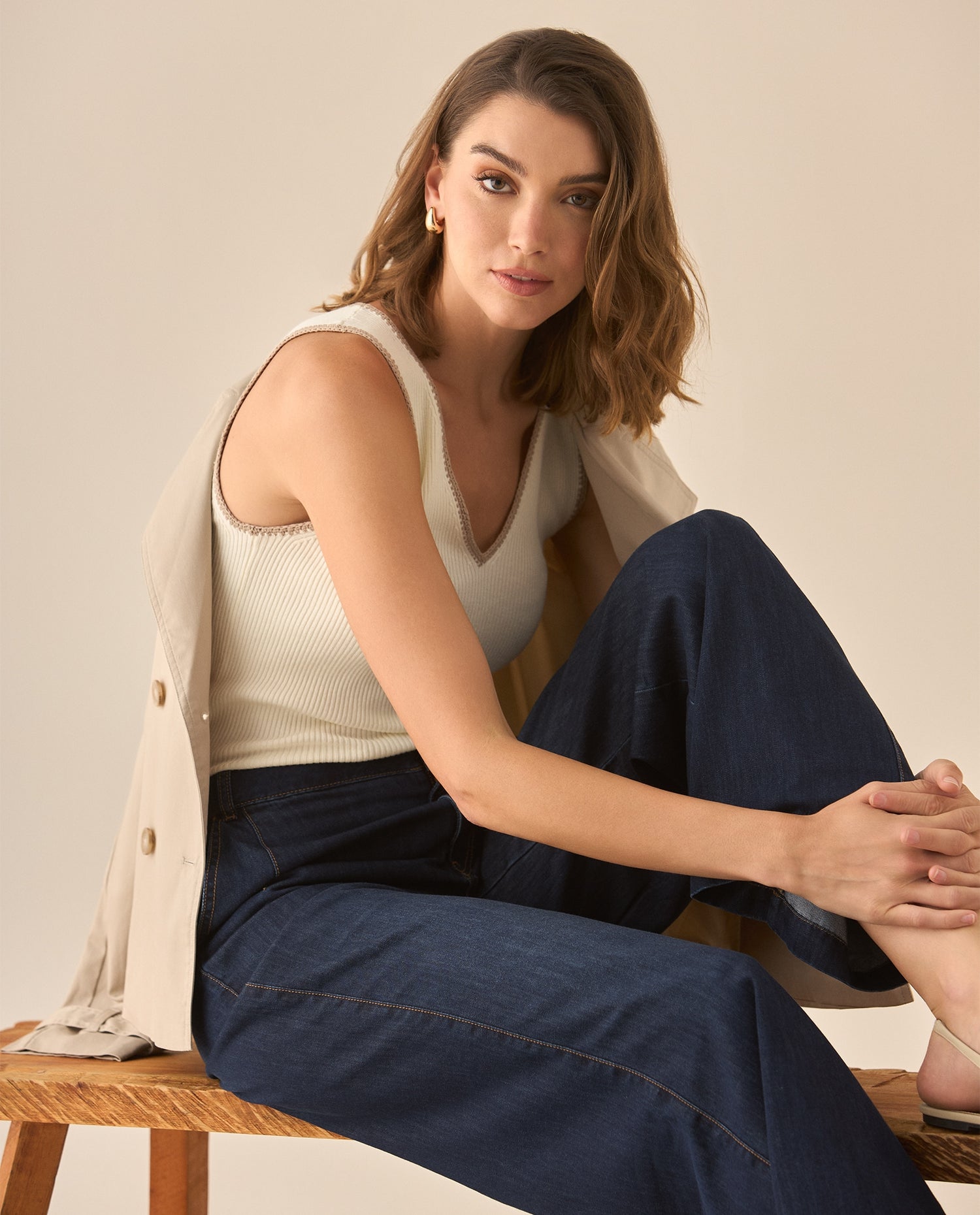 Camisa tejida con escote en V para mujer - Crudo