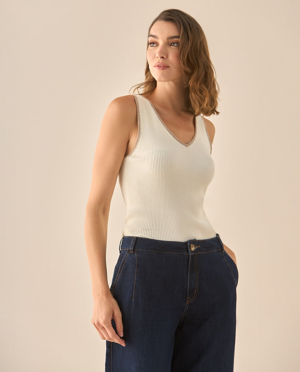 Camisa tejida con escote en V para mujer - Crudo 34_462G213_CRU111001_3