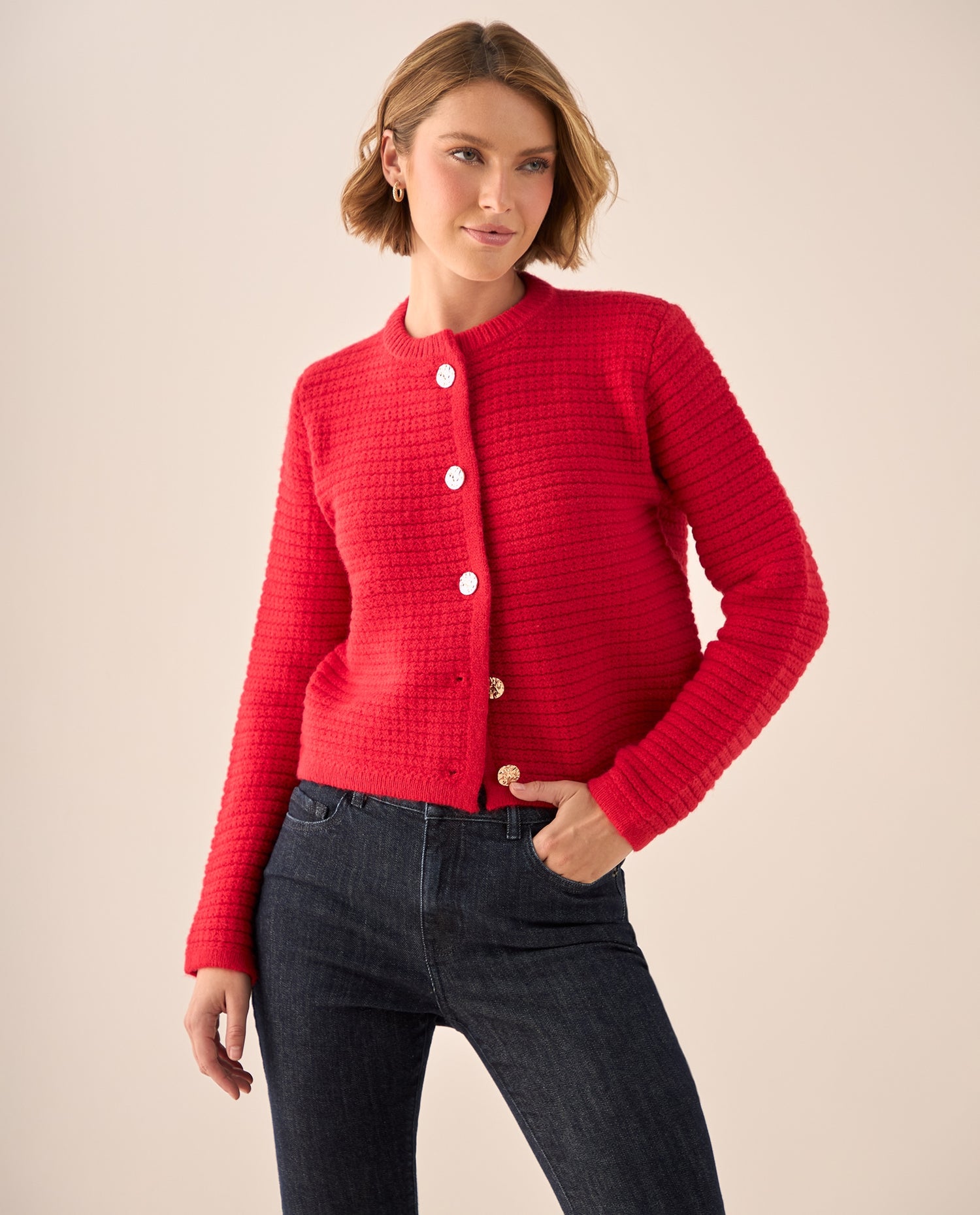 Cardigan con Textura Acanalada y Botones - Rojo