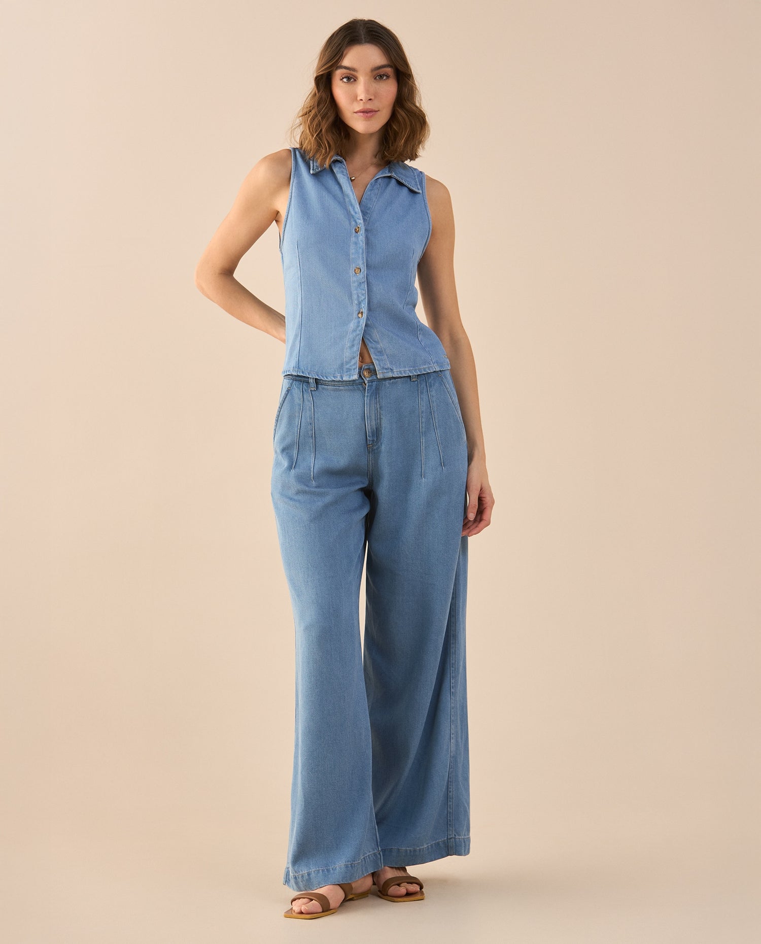Pantalón Wide Leg tono medio para mujer - Azul