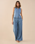 Pantalón Wide Leg tono medio para mujer - Azul