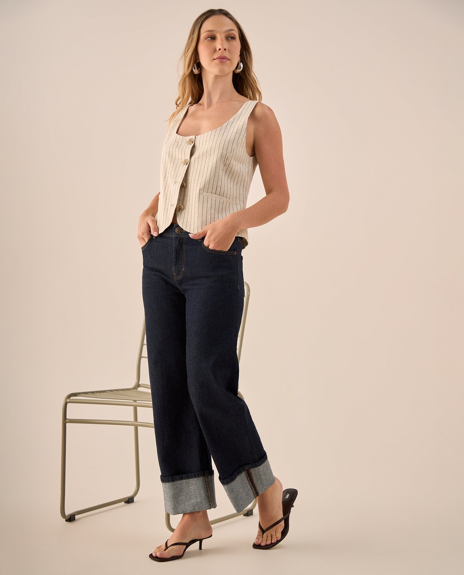 Jean Straight Azul Oscuro con Dobladillo Único - Azul