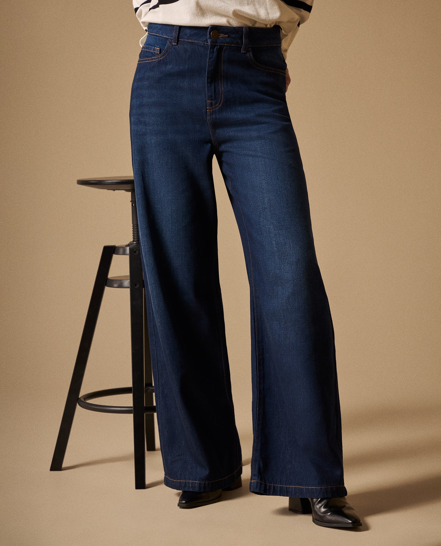 Jean Wide Leg Azul Oscuro Tiro Alto - Azul
