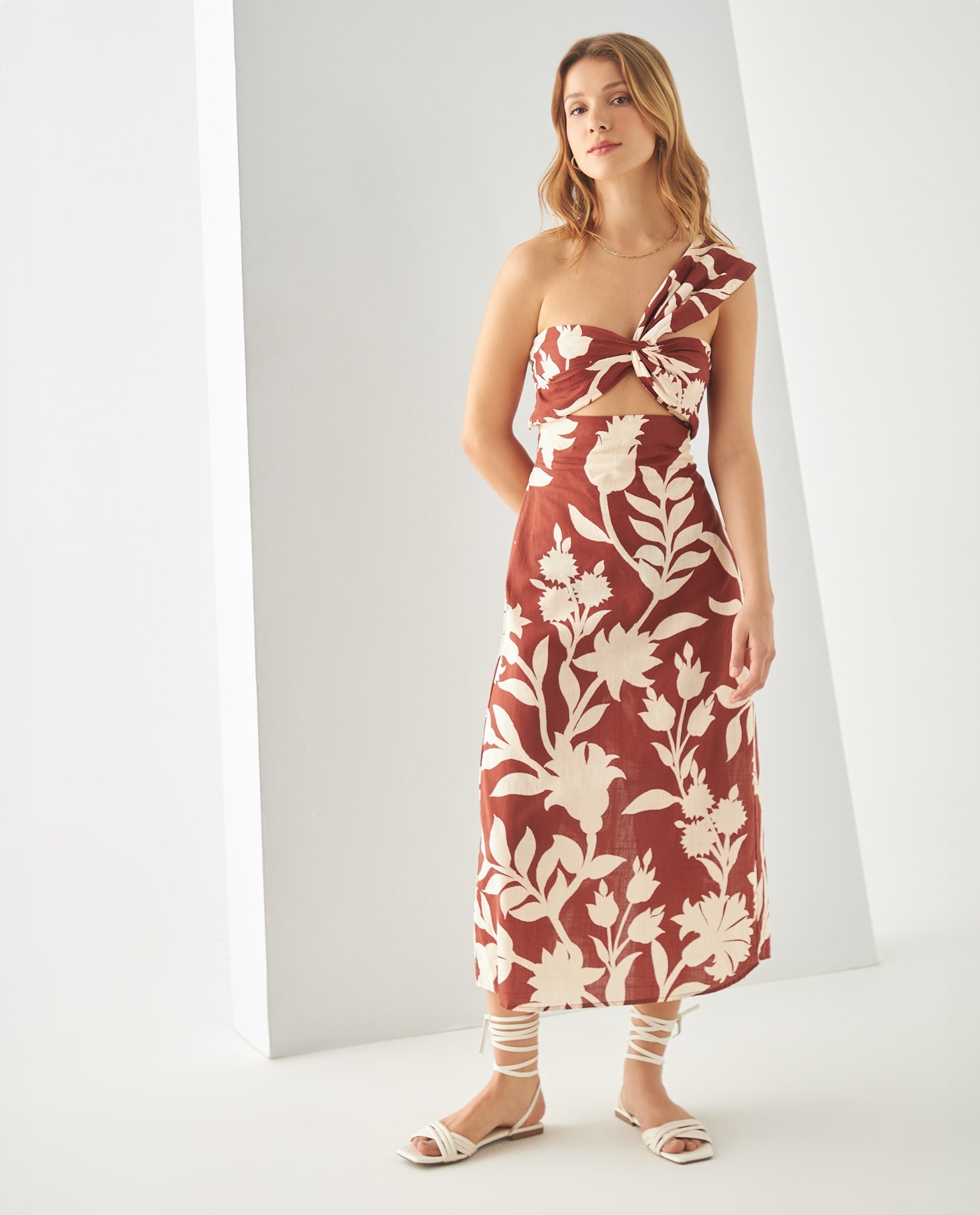 Vestido midi estampado para mujer - Café 34_491F011_CAF191435_0