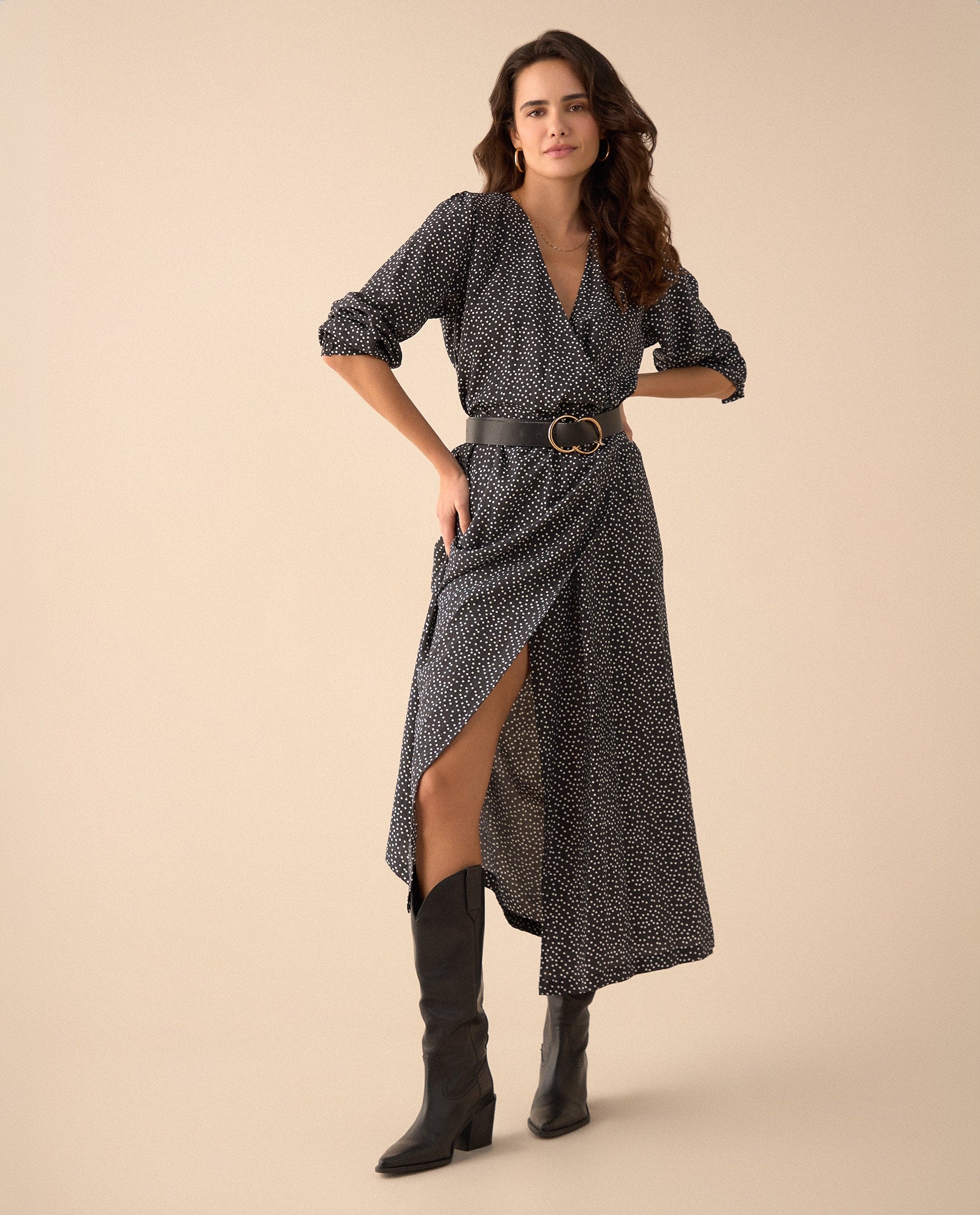 Vestido de puntos largo para mujer - Negro 34_491G015_NEG190303_0