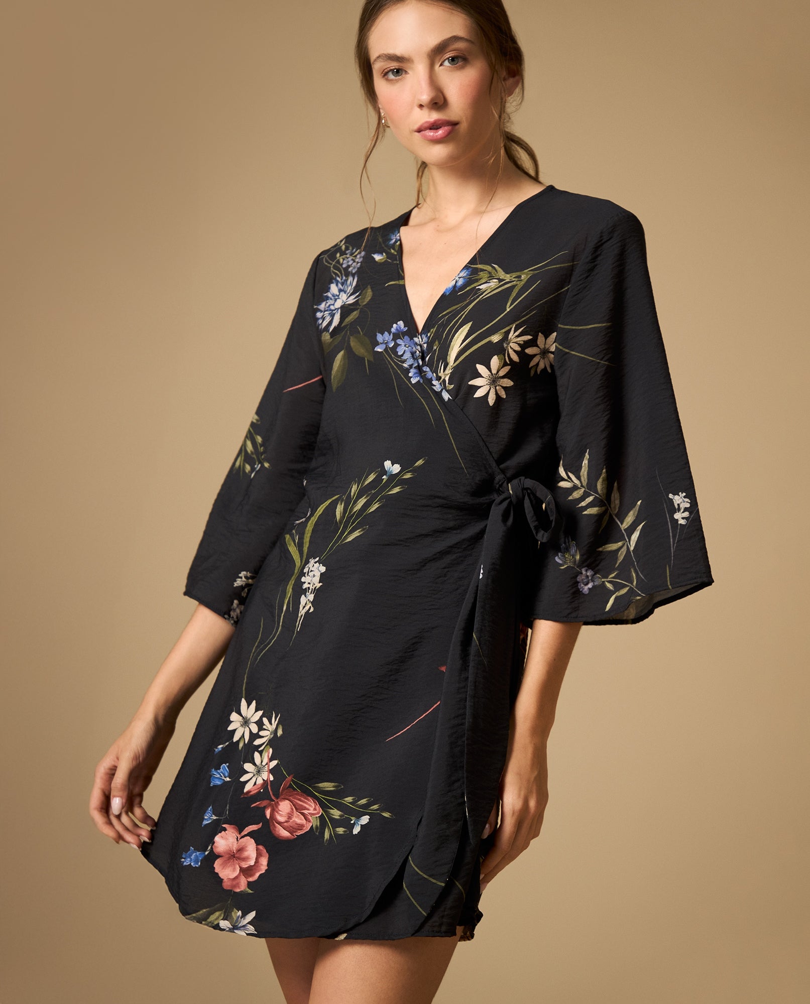 Vestido cruzado estampado manga 3/4 con amarre - Azul 34_492H002_AZU193923_4