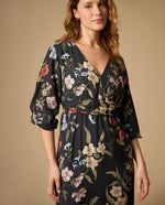 Vestido largo estampado con escote en V y manga abullonada - Azul