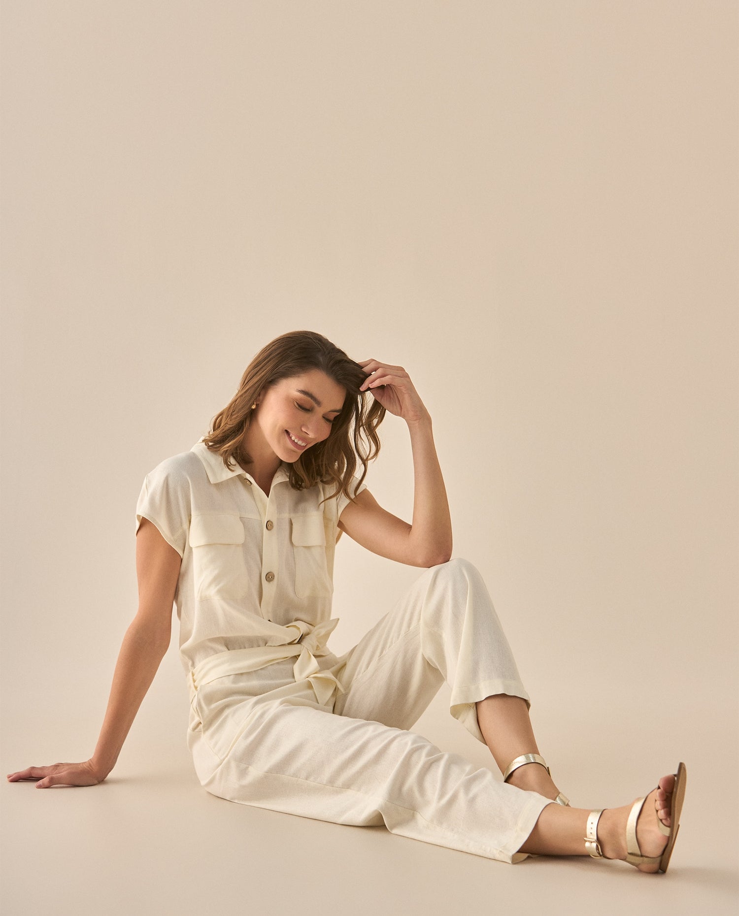 Enterizo de pantalón largo bota recta para mujer - Crudo