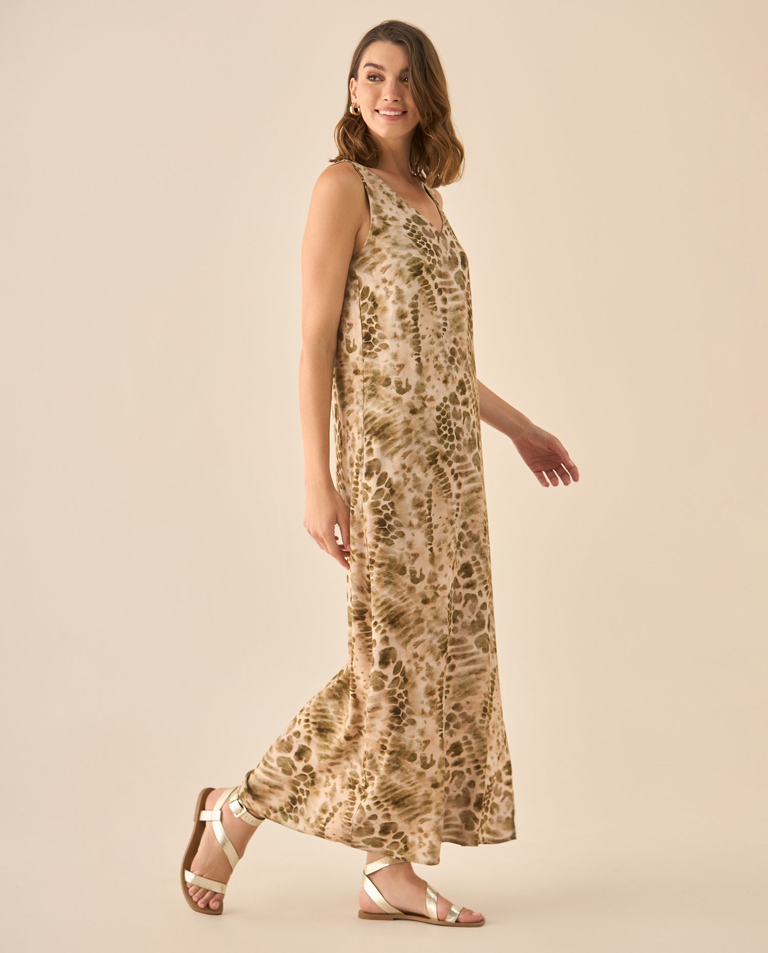 Vestido largo manga sisa de estampado abstracto para mujer  - Verde