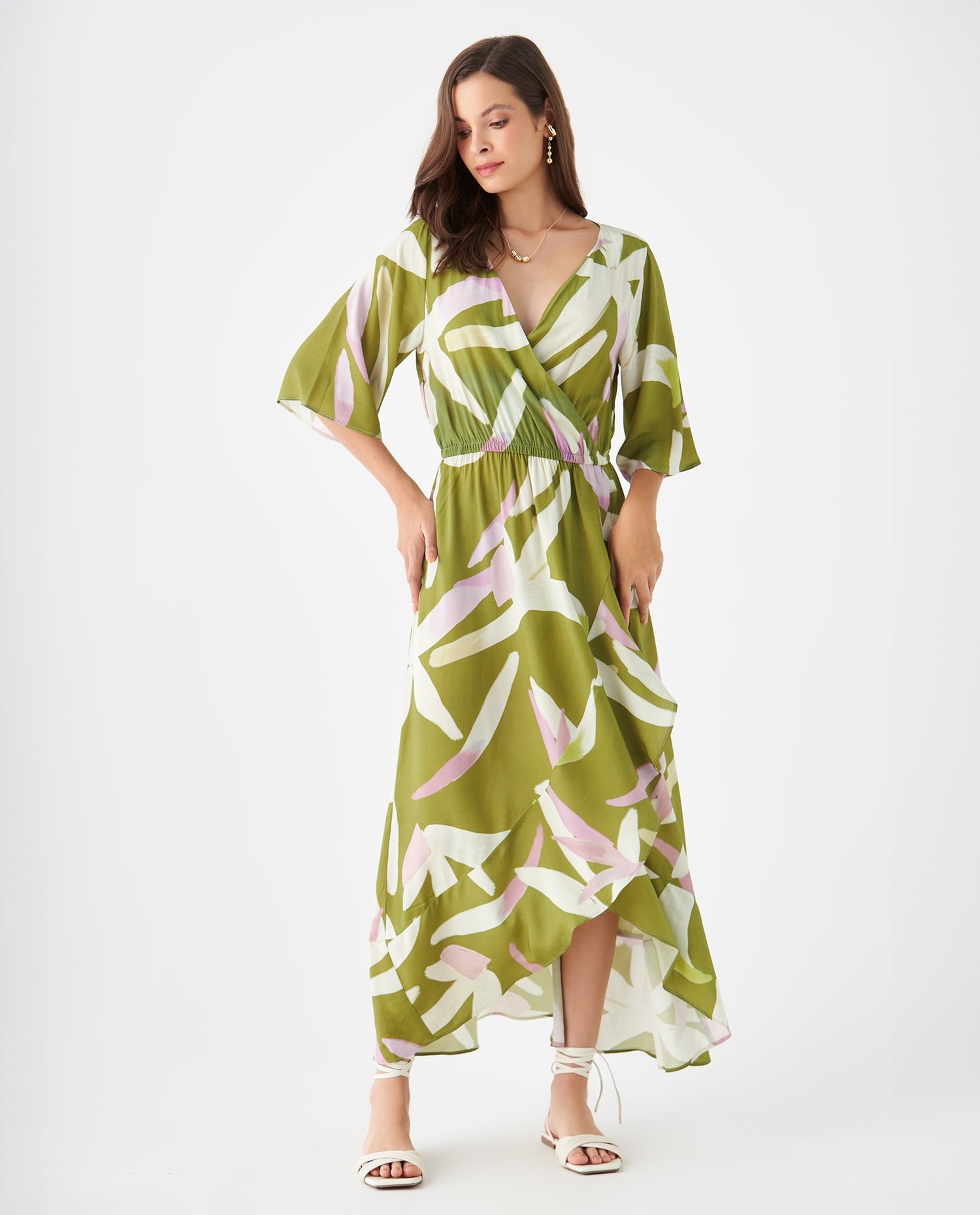 Vestido con diseño cruzado estampado para mujer - Verde