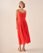 Vestido Midi Rojo con Pliegues Estructurados - Rojo