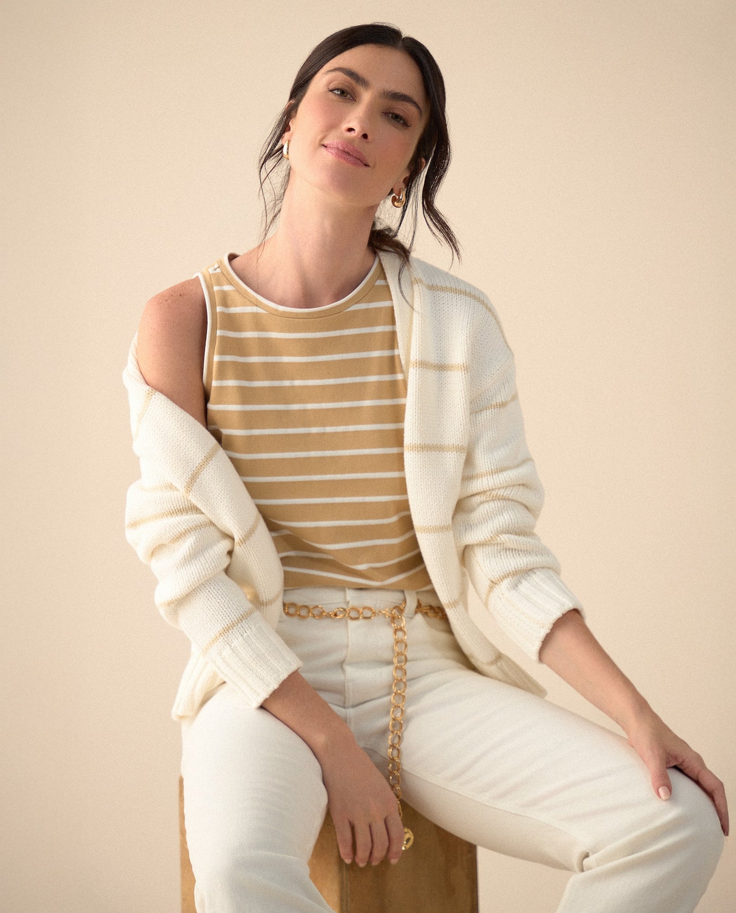 Camiseta manga sisa para mujer - Beige