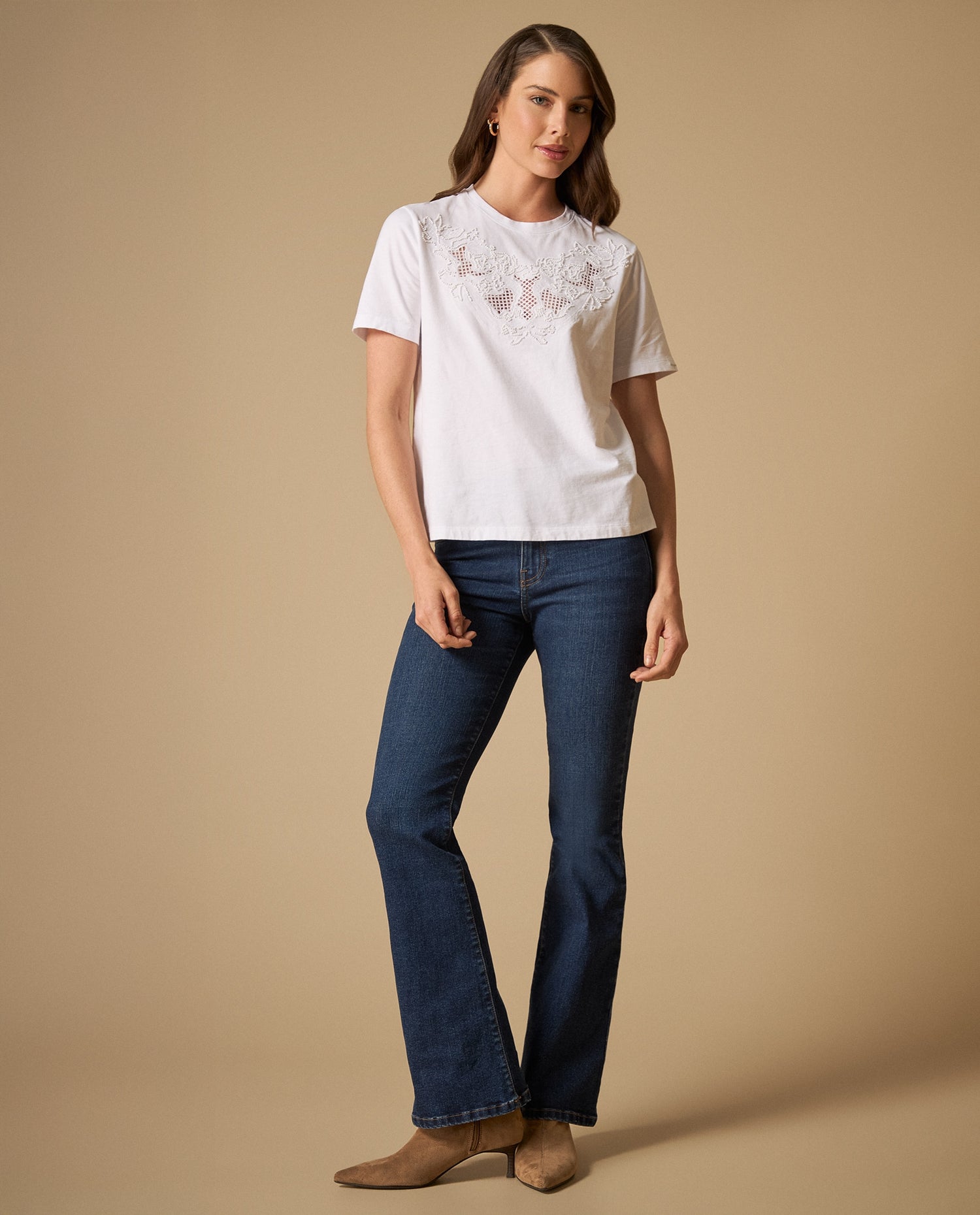 Camiseta manga corta con bordado en pecho - Blanco