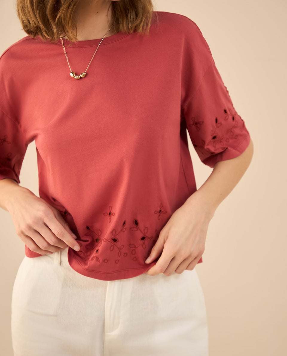 Camiseta con detalles desagujados para mujer - Rojo 34_602G001_ROJ171537_3