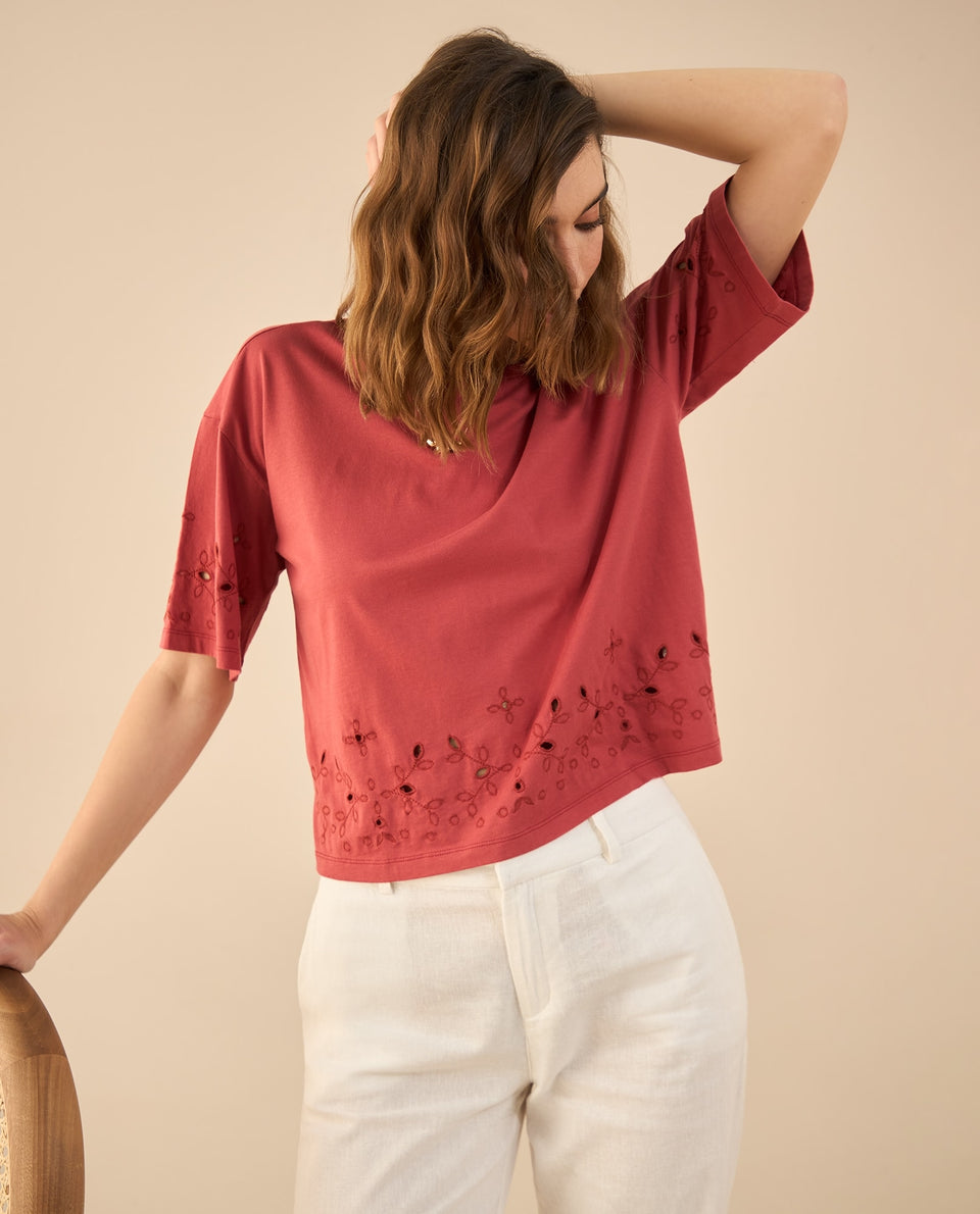 Camiseta con detalles desagujados para mujer - Rojo 34_602G001_ROJ171537_6