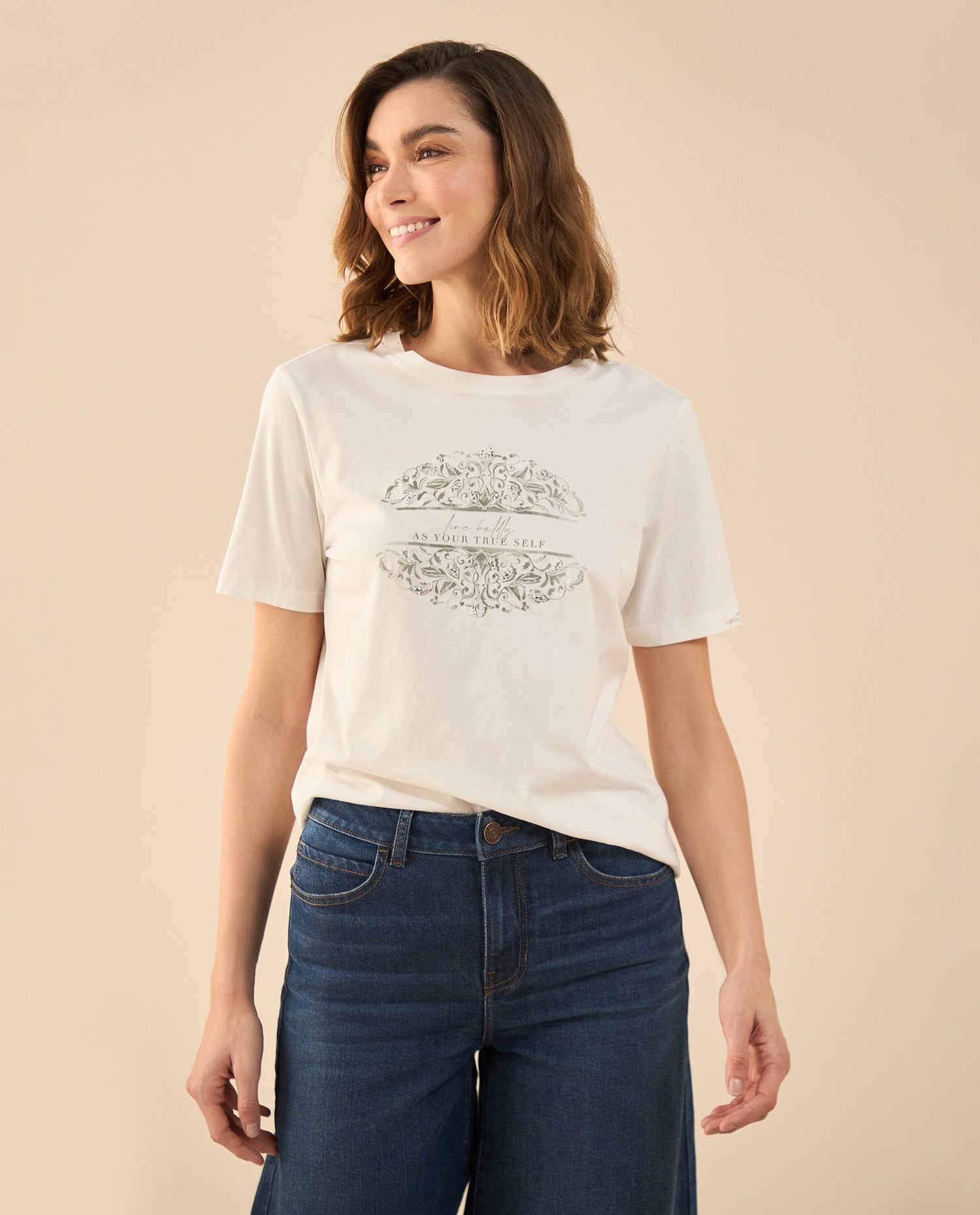Camiseta estampada con apliques para mujer - Blanco