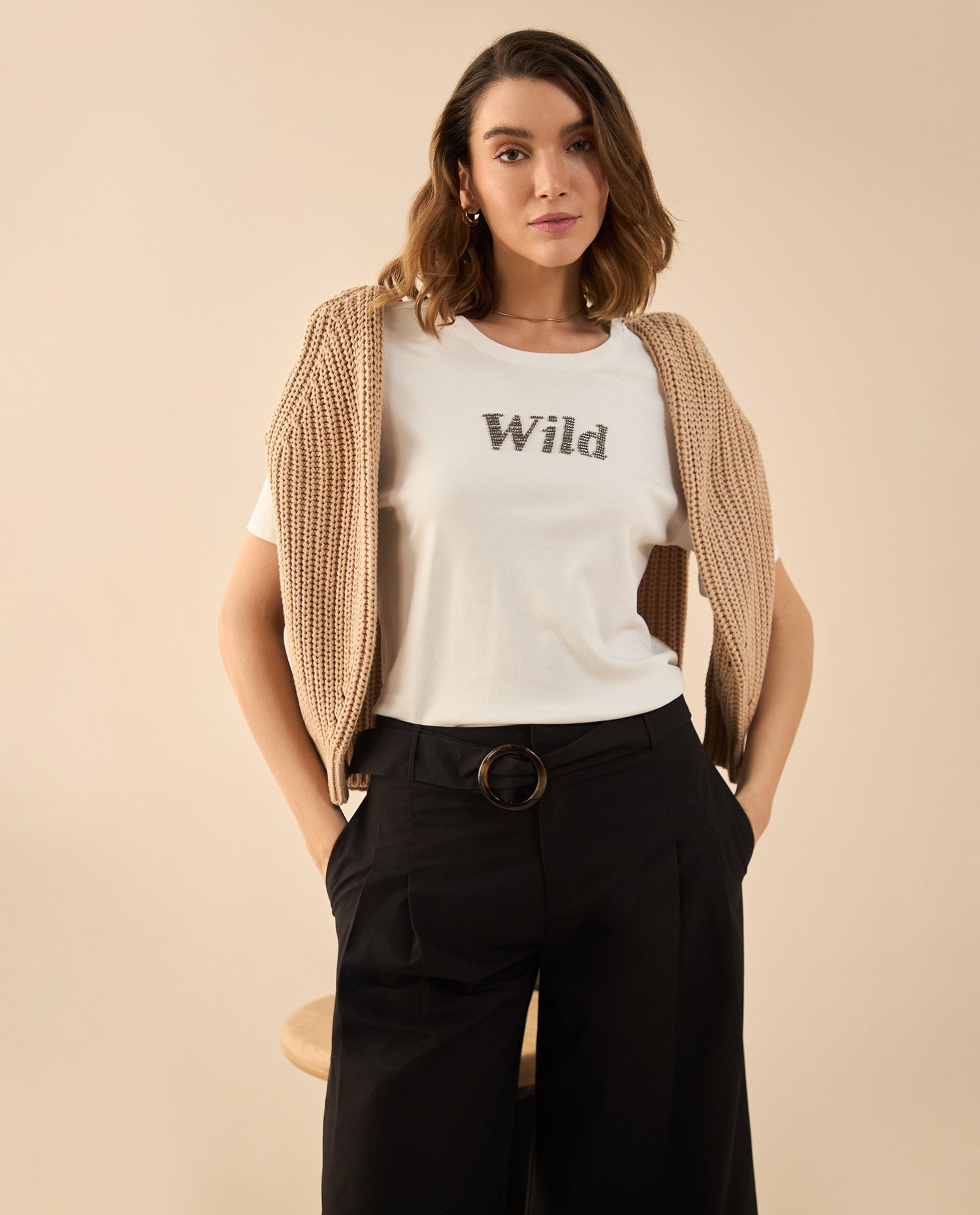 Camiseta básica con  apliques para mujer - Blanco