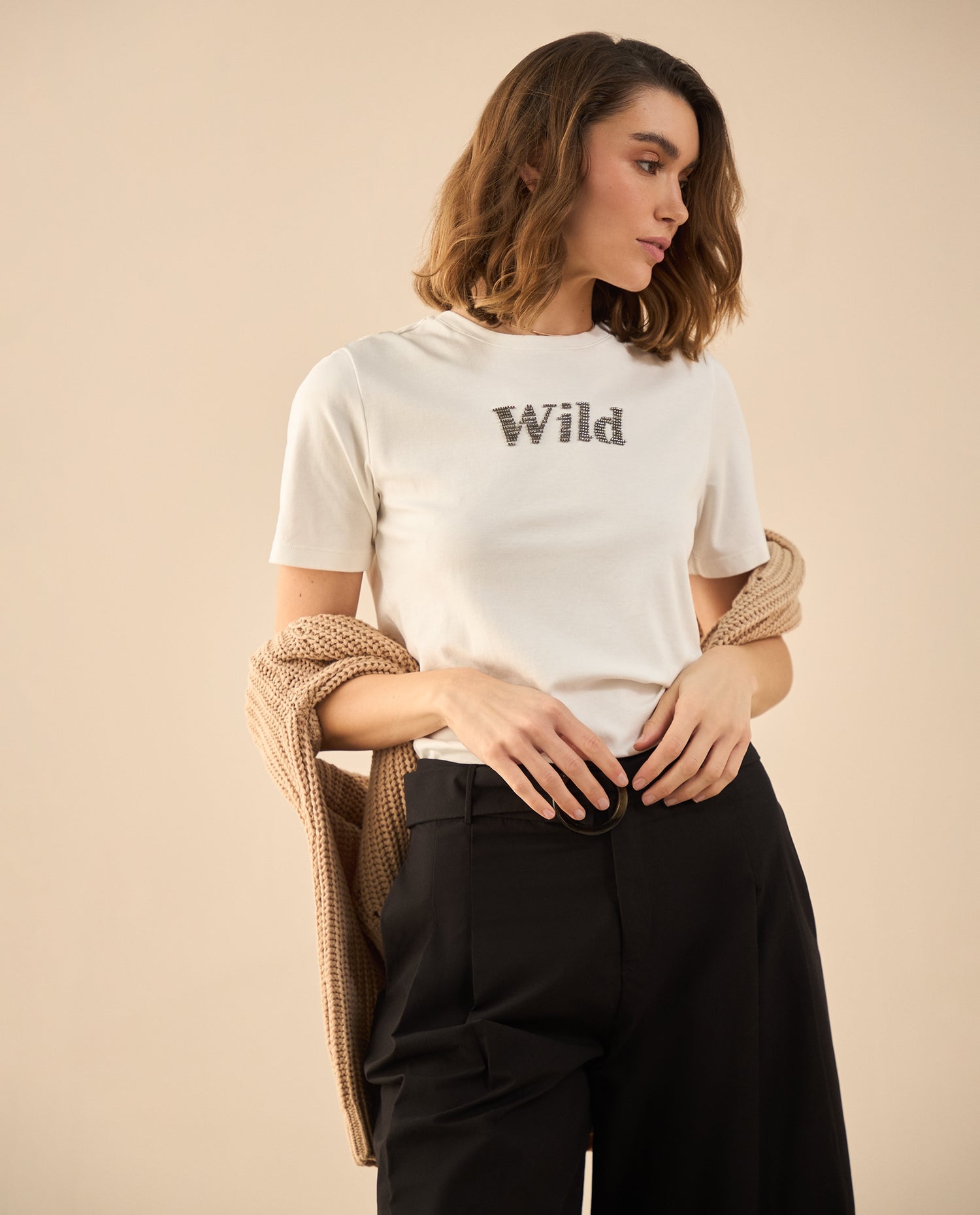 Camiseta básica con  apliques para mujer - Blanco