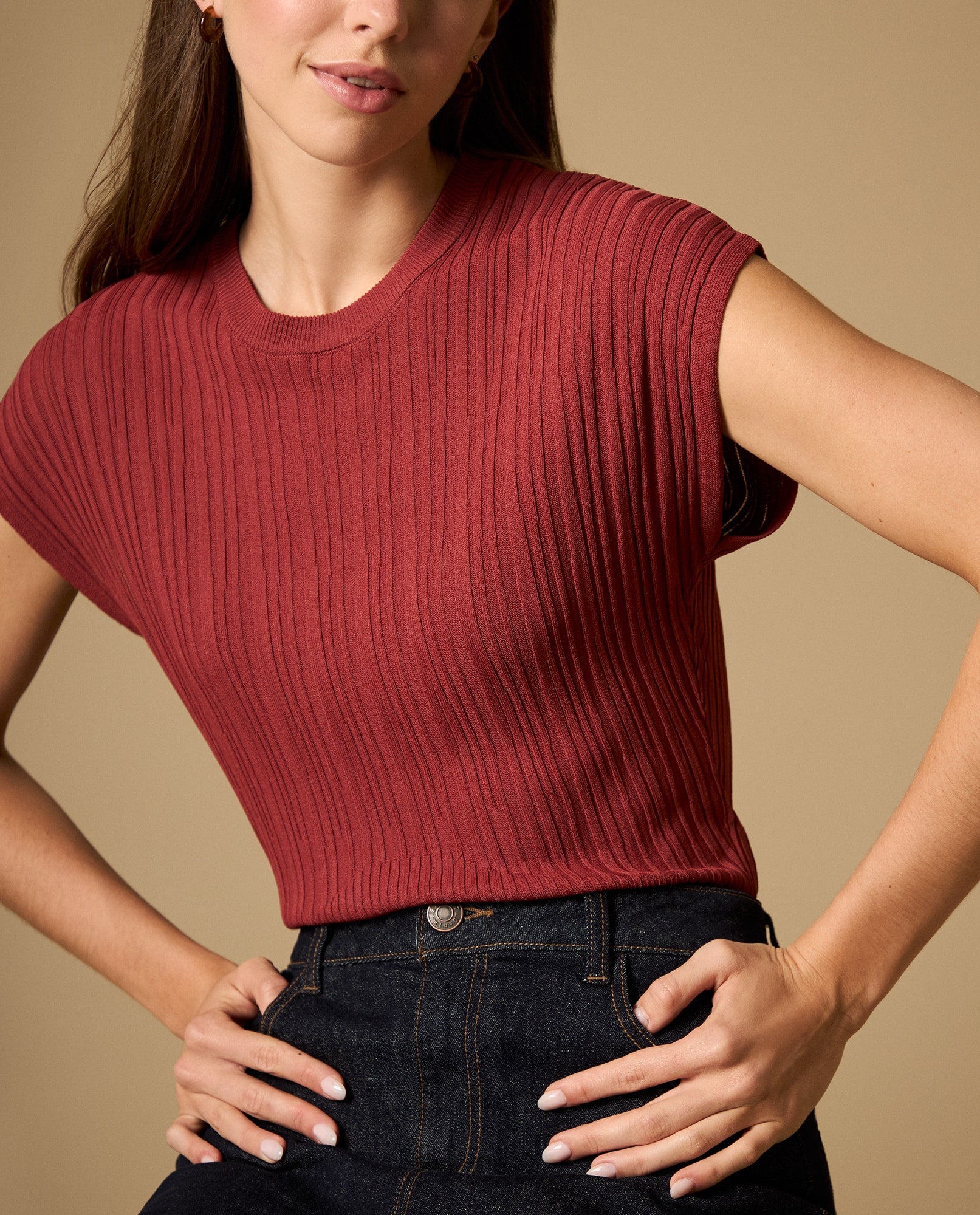 Camisa tejida con textura acanalada manga sisa - Rojo 34_602H214_ROJ181438_0