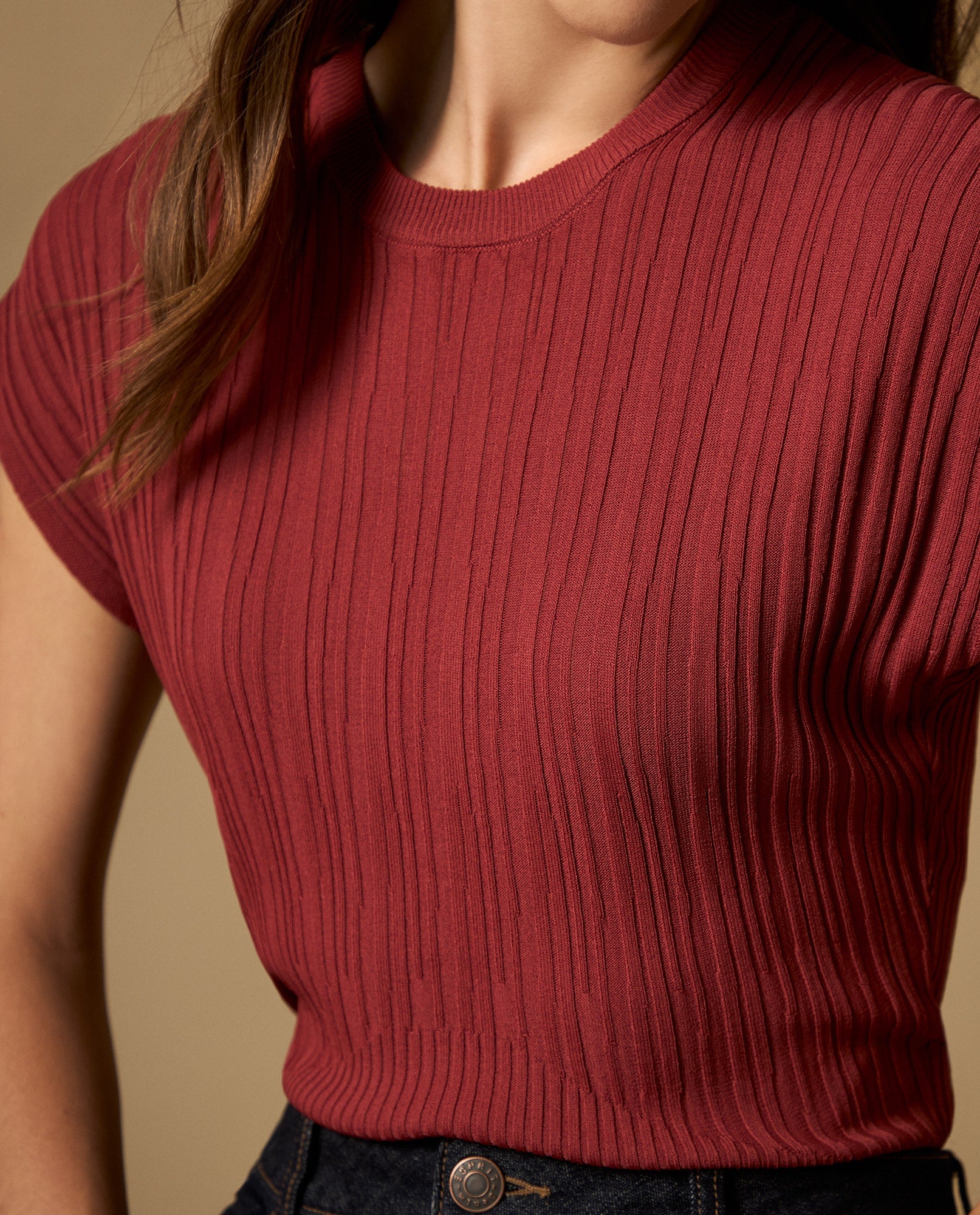 Camisa tejida con textura acanalada manga sisa - Rojo 34_602H214_ROJ181438_3