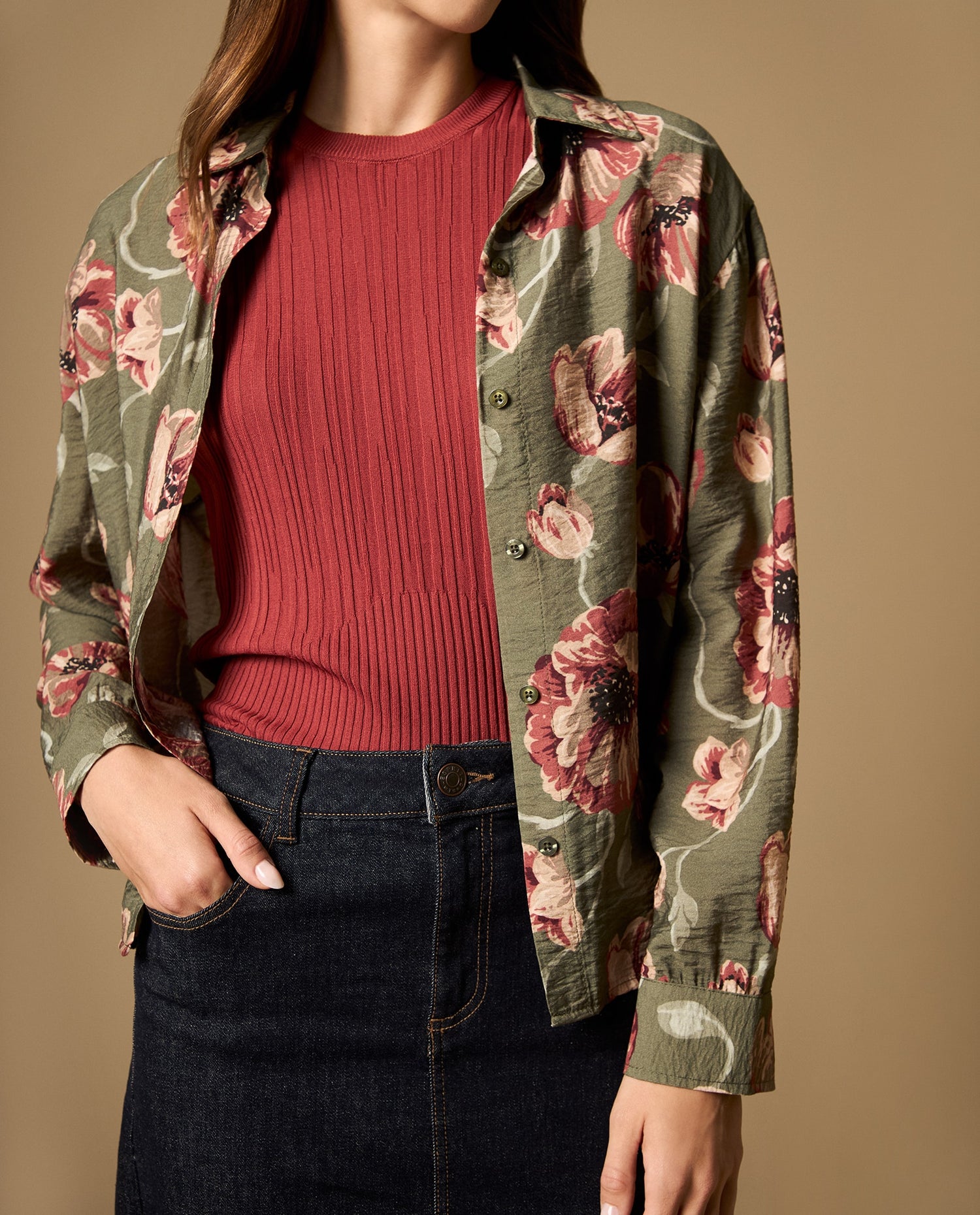 Camisa tejida con textura acanalada manga sisa - Rojo