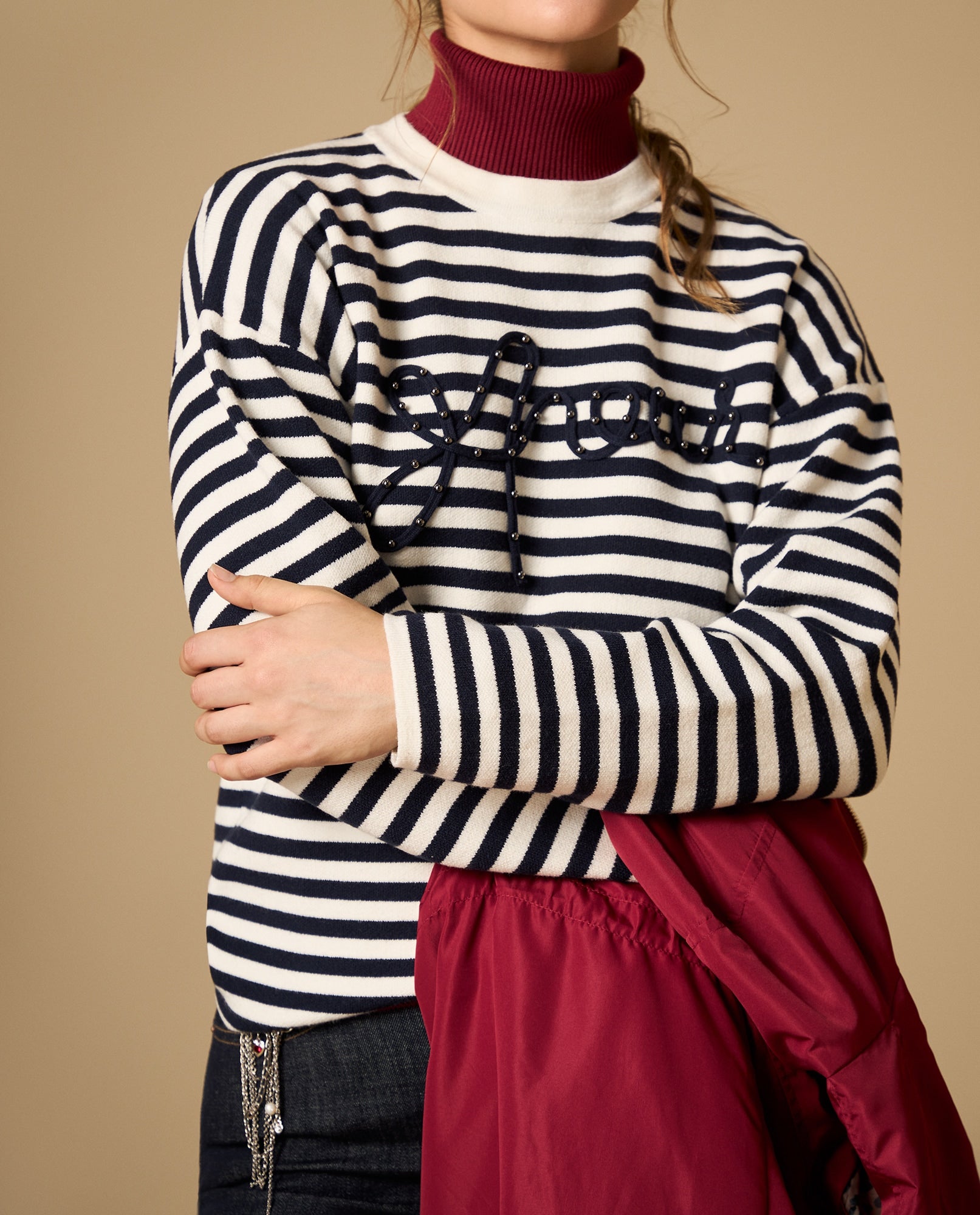 Camiseta manga larga a rayas con lettering bordado - Crudo 34_602H216_CRU114201_0