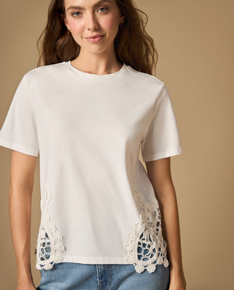 Camiseta cuello redondo con detalle de tejido floral - Blanco 34_602H223_BLA114202_3